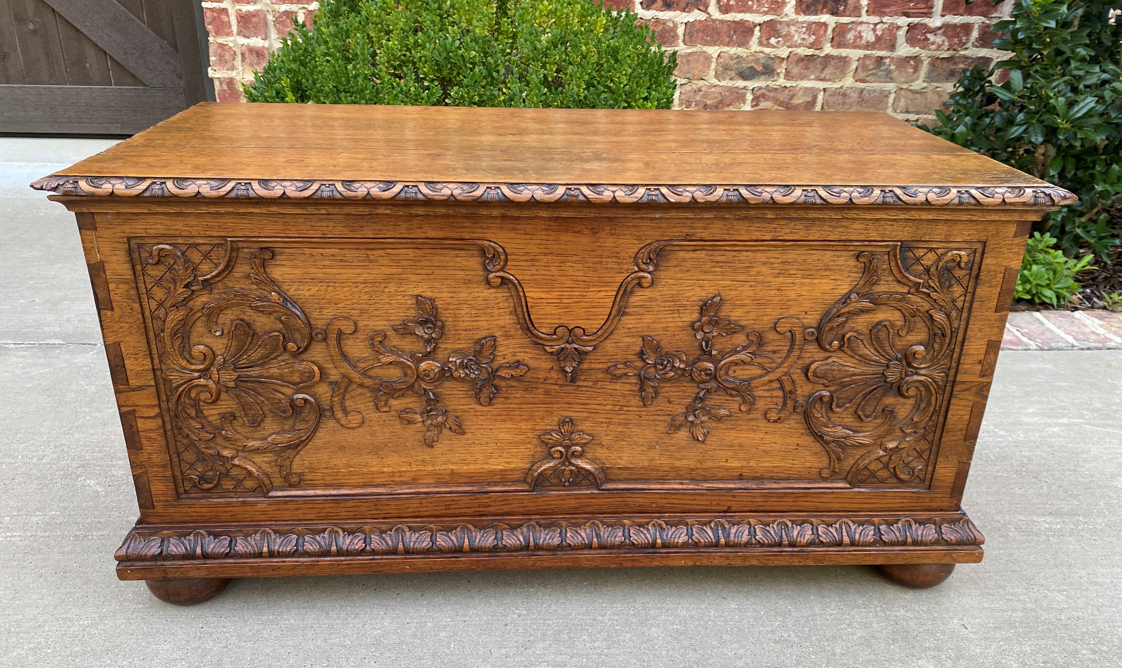 Beautiful and Charming Antique French Country Oak Trunk, Blanket Box, Storage Chest, Coffer, or Coffee Table~~Exposed Dovetailed Construction~~c. 1890s-1900

Wonderful Louis XV style acanthus and shell carvings with lattice, bellflower and rosette