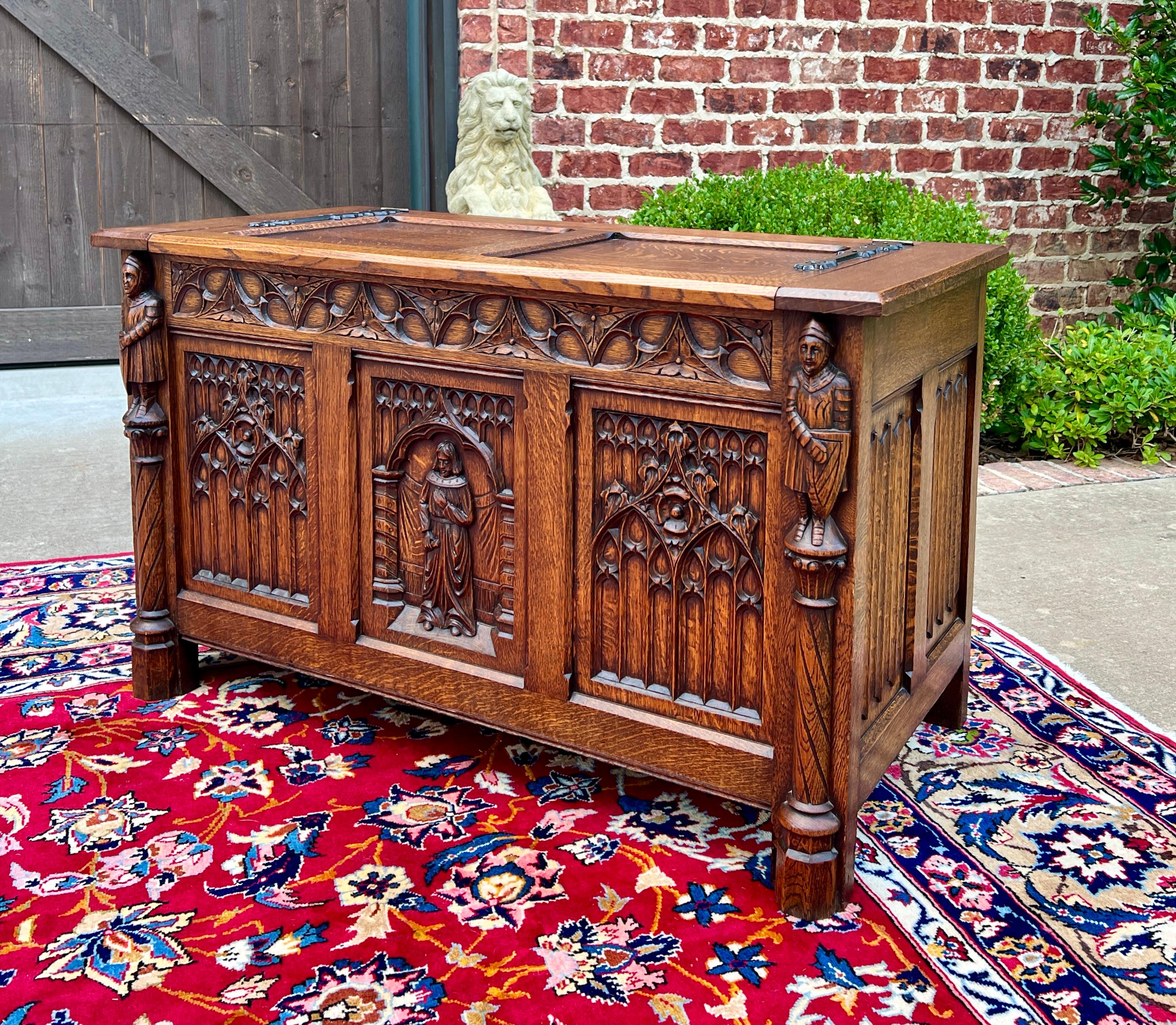 Carved Antique French Trunk Chest Blanket Box Storage Coffer Gothic Revival c. 1920-30