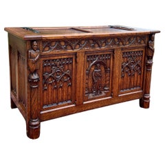 Antique French Trunk Chest Blanket Box Storage Coffer Gothic Revival c. 1920-30