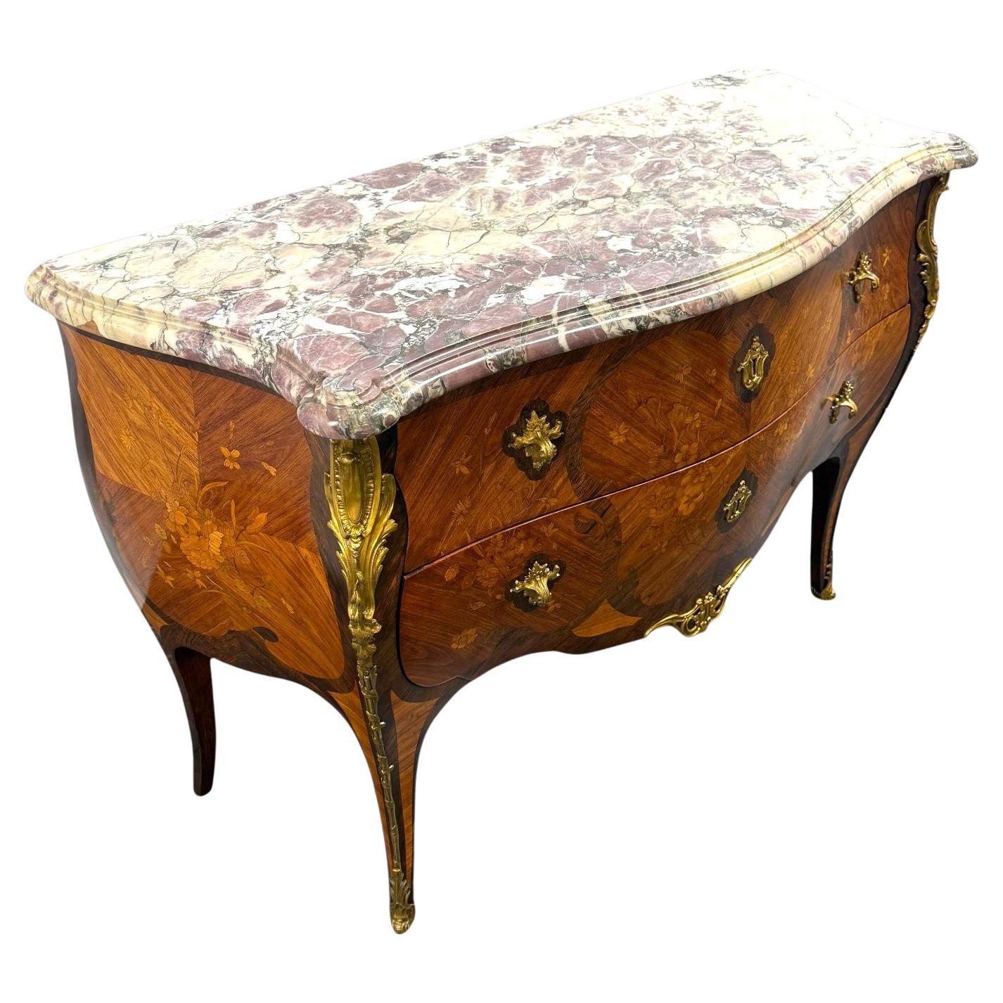 Antique French Tulipwood 
Rosewood Louis XV Style Marquetry Commode