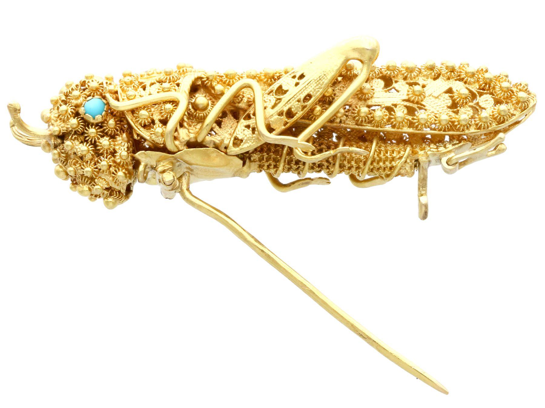 Round Cut Antique French Turquoise and Diamond Yellow Gold Grasshopper Brooch For Sale
