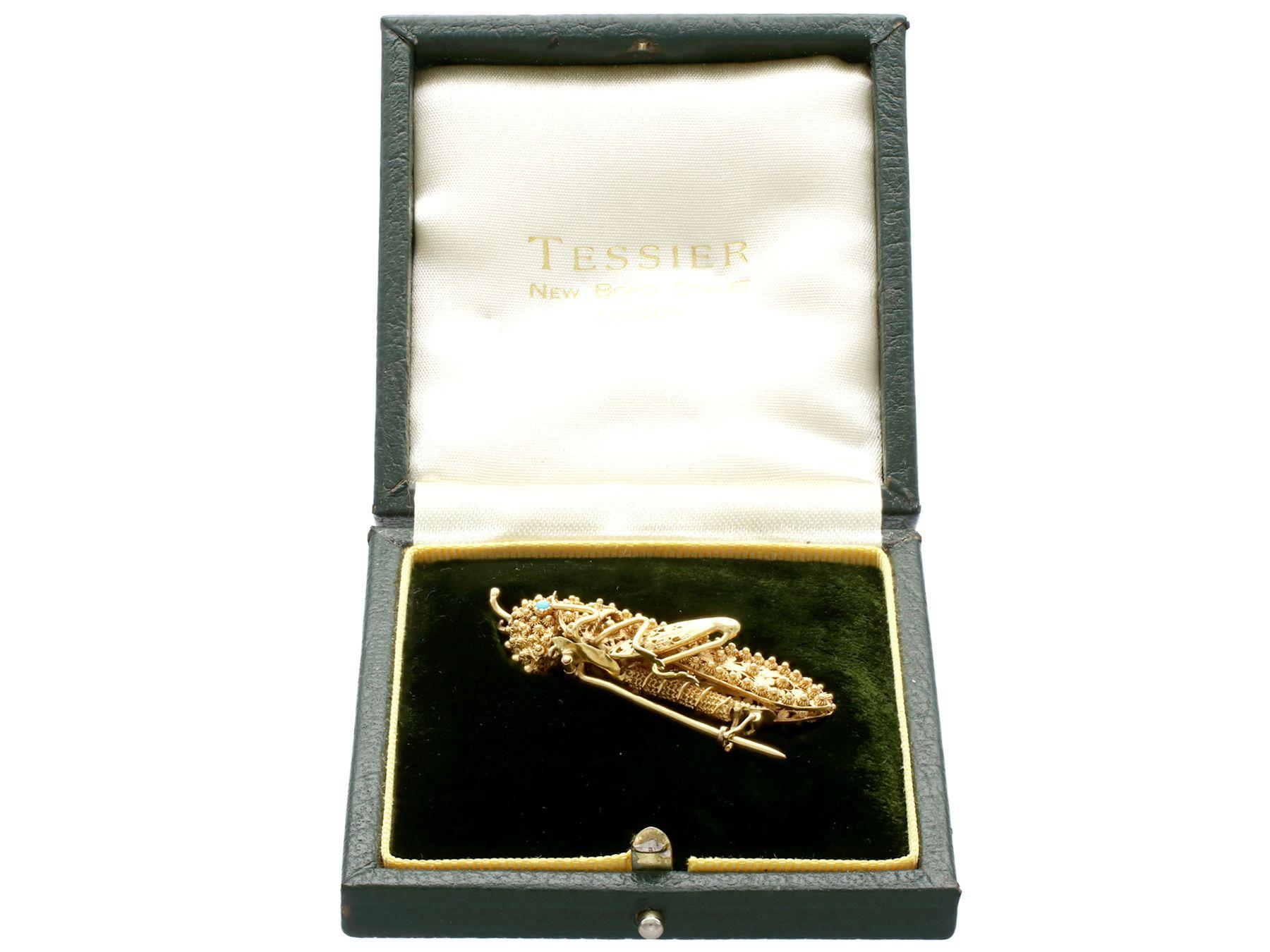 Antique French Turquoise and Diamond Yellow Gold Grasshopper Brooch For Sale 1