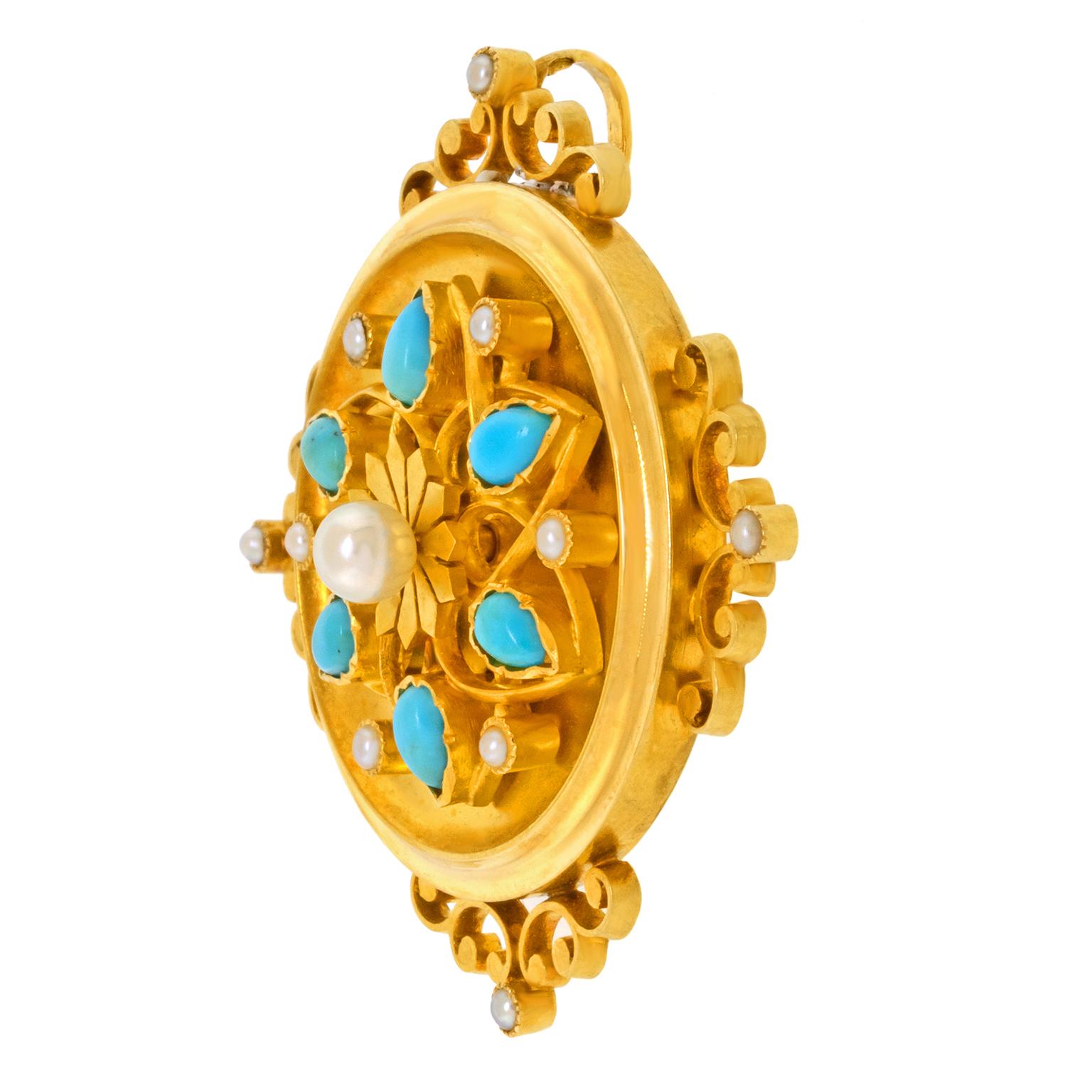 Victorian Antique French Turquoise and Pearl Pendant For Sale