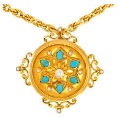 Pendentif français ancien en turquoise et perles