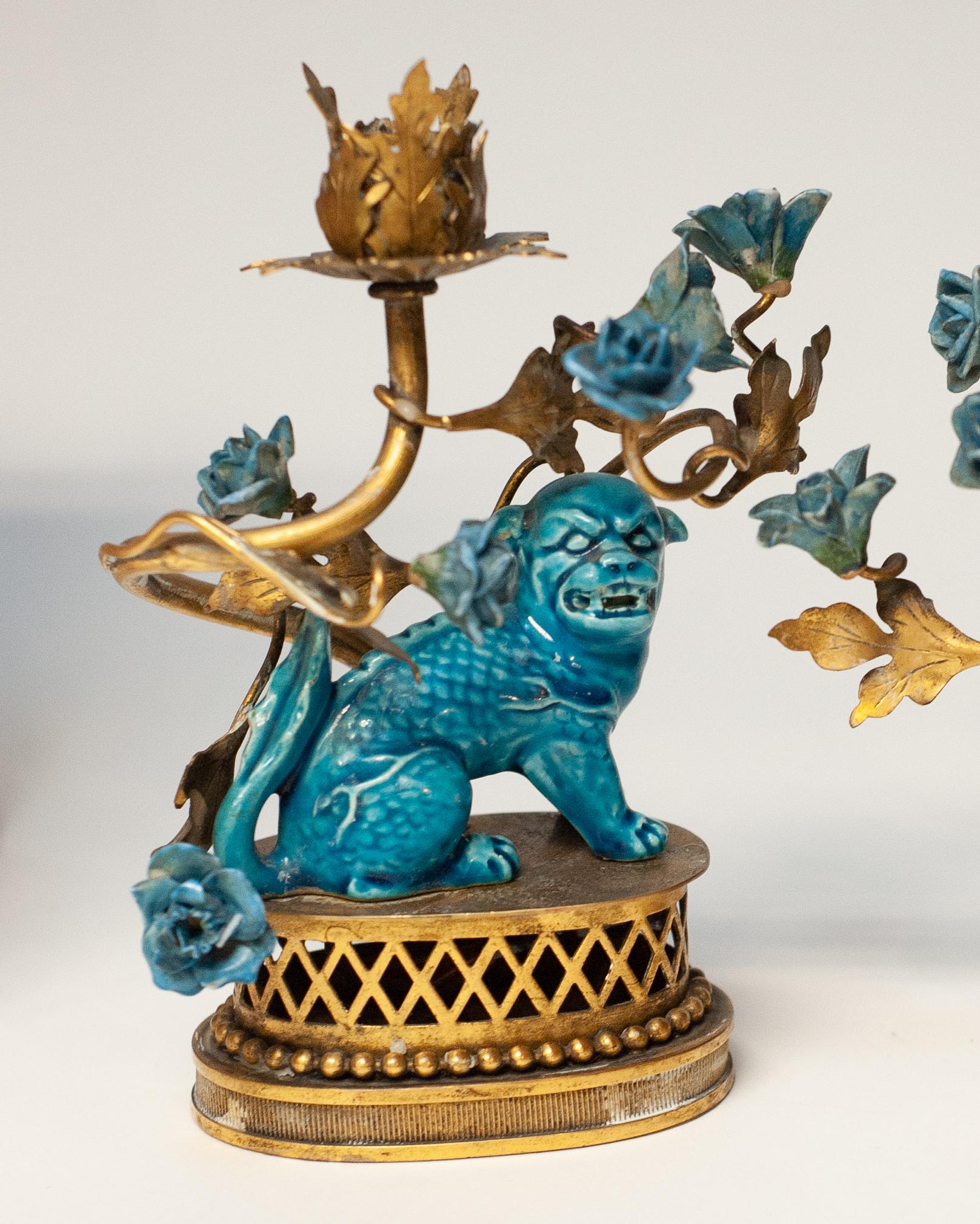 Antique French Turquoise Blue Glazed Foo Fu Dog Candlesticks or Lamp Bases In Fair Condition For Sale In Toronto, ON