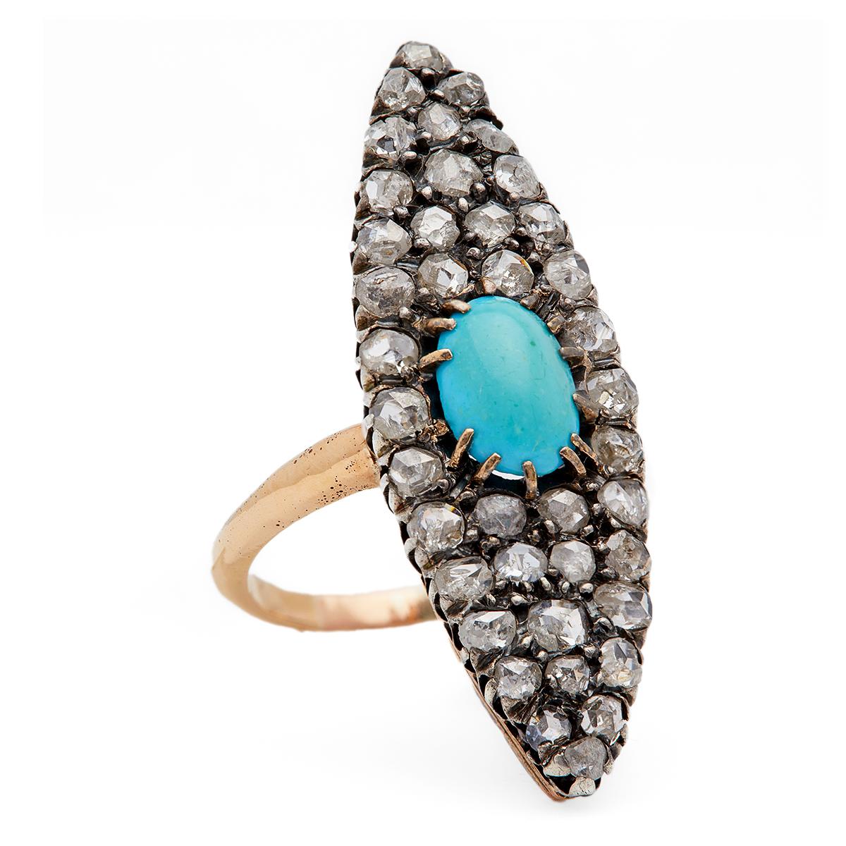 Women's or Men's Antique French Turquoise Diamond 18k Rose Gold Silver Navette Ring