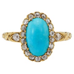 Antique French Turquoise Diamond 18k Yellow Gold Cluster Ring