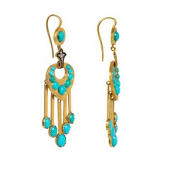 Antique French turquoise, diamond and enamel pendant fringe earrings