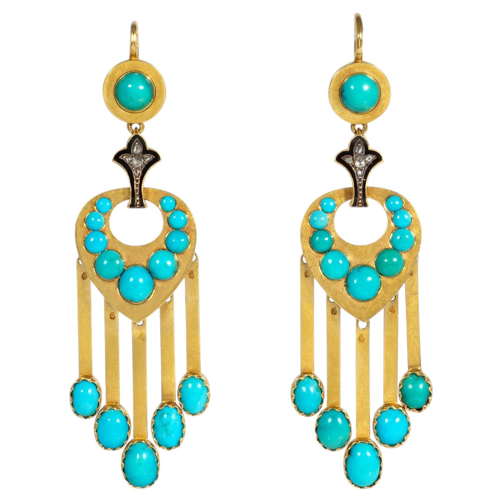 Antique French turquoise, diamond and enamel pendant fringe earrings