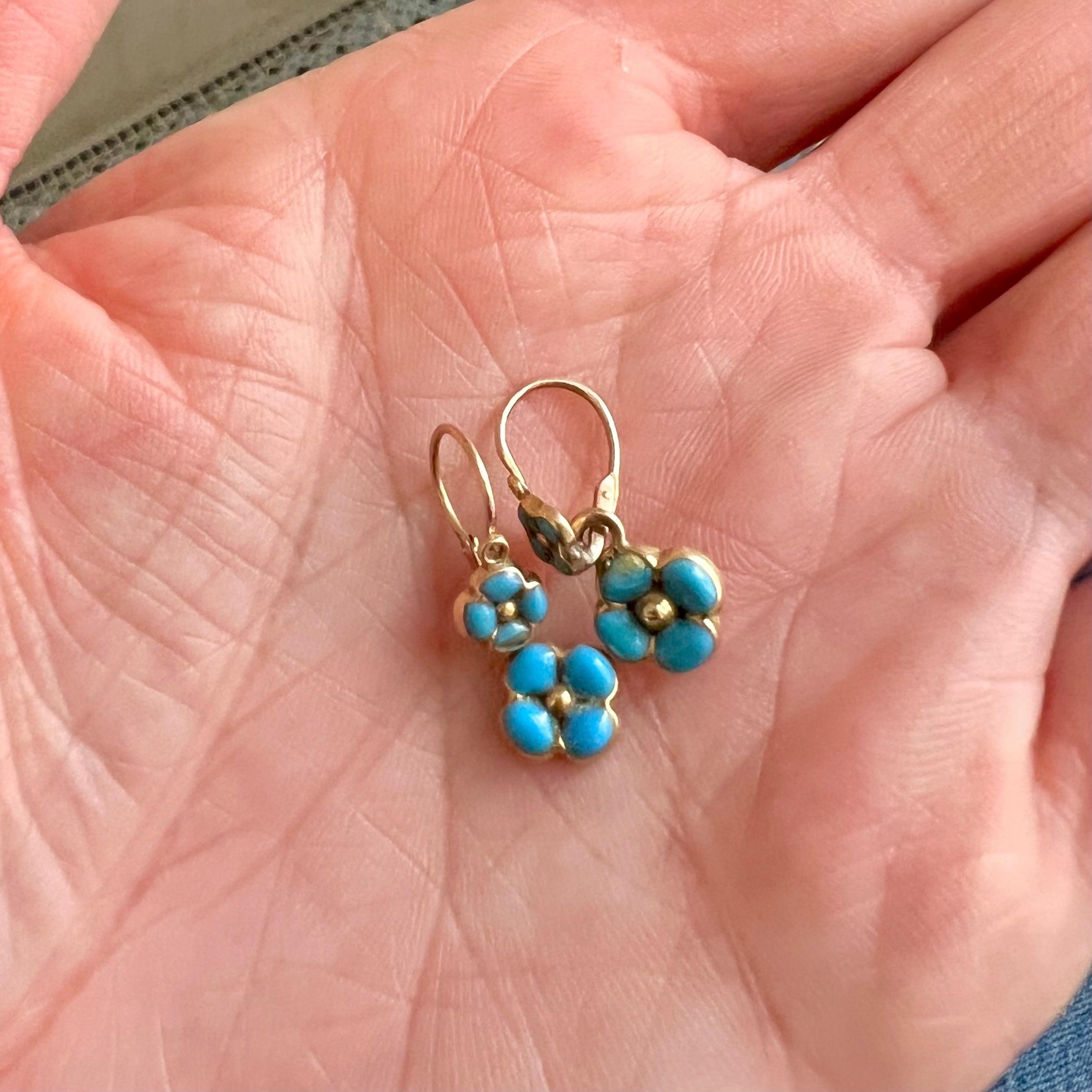 Victorian Antique French Turquoise Enamel and 18K Gold Forget Me Not Flower Earrings