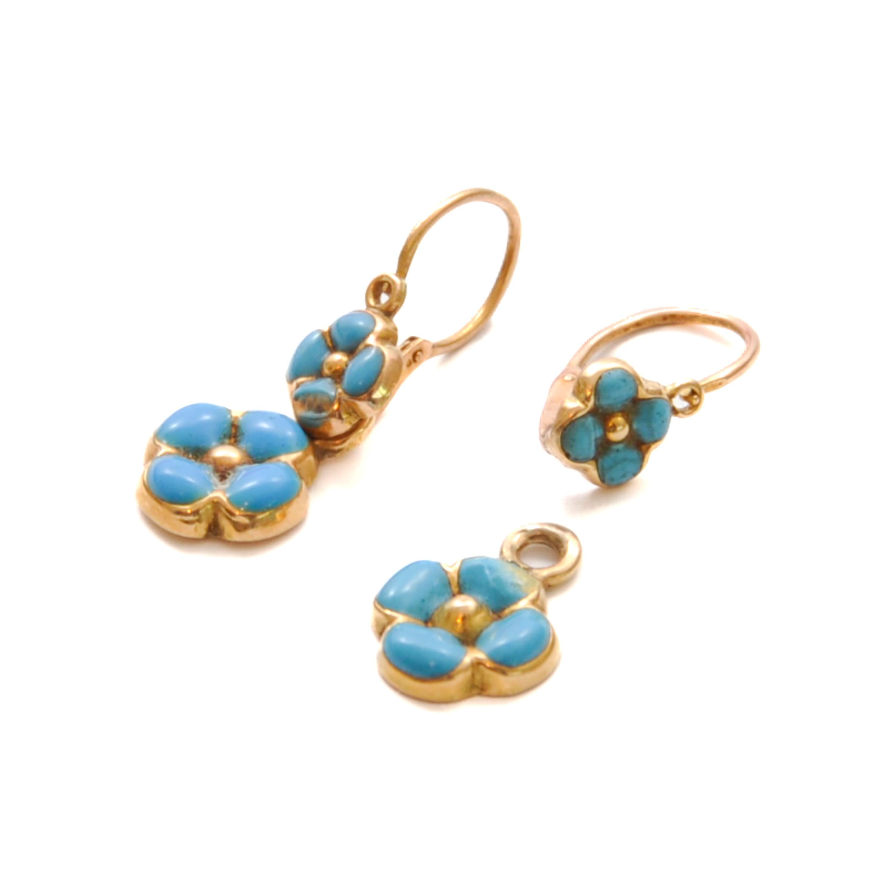 Women's Antique French Turquoise Enamel and 18K Gold Forget Me Not Flower Earrings
