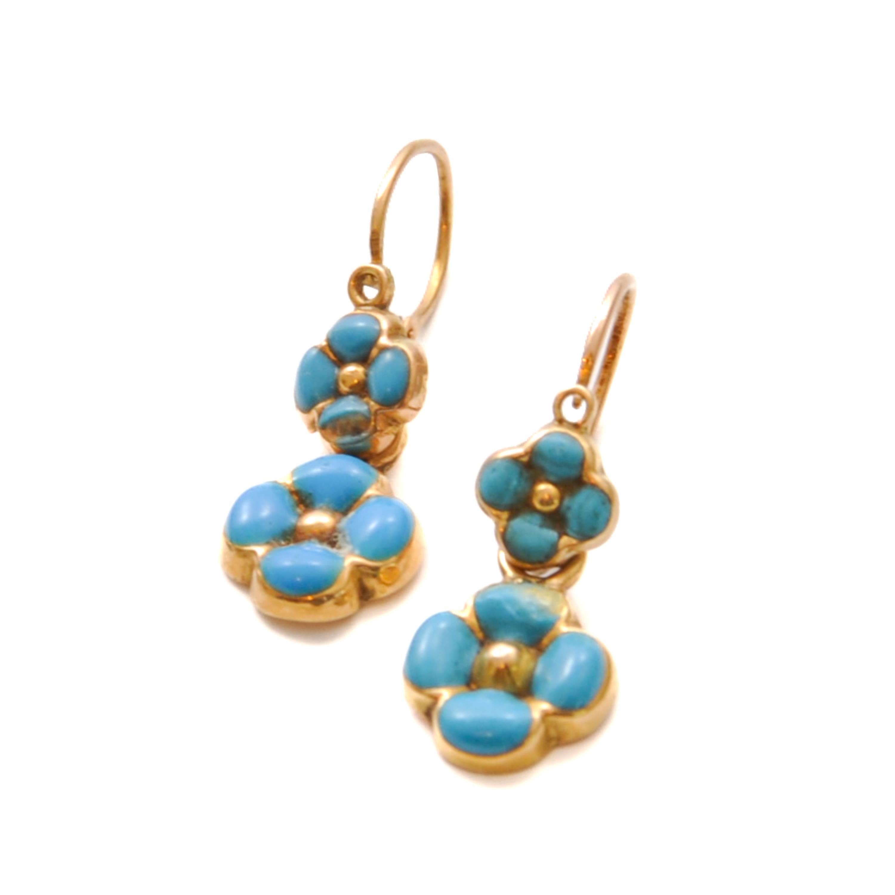 Antique French Turquoise Enamel and 18K Gold Forget Me Not Flower Earrings 1