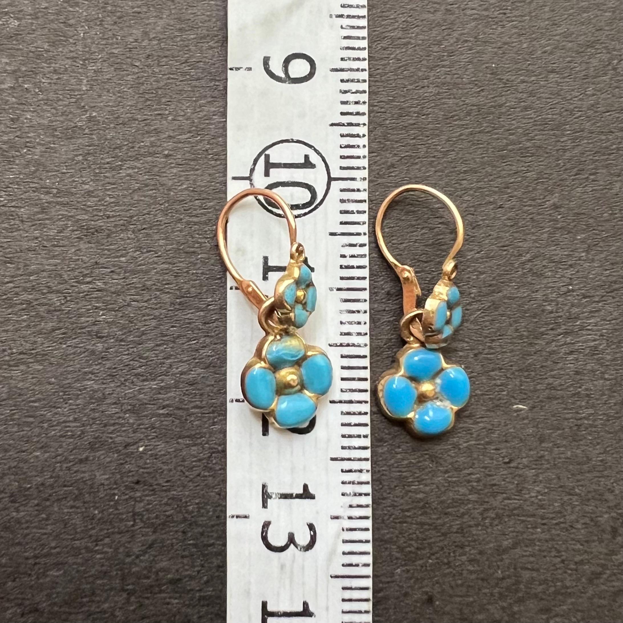 Antique French Turquoise Enamel and 18K Gold Forget Me Not Flower Earrings 3