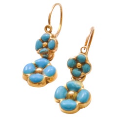 Antique French Turquoise Enamel and 18K Gold Forget Me Not Flower Earrings