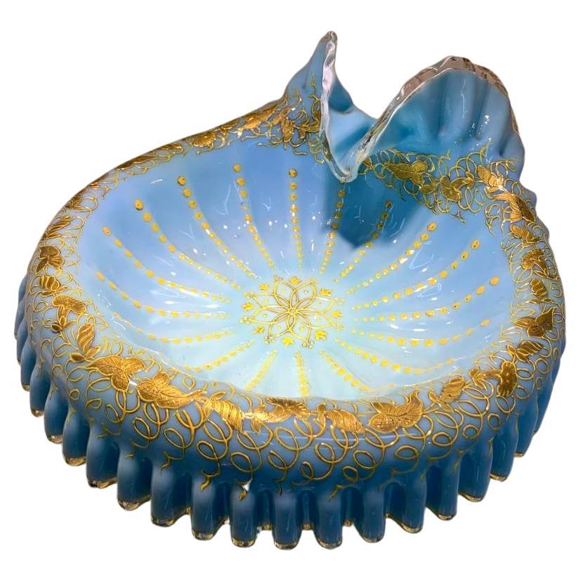 Exceptional turquoise  Opaline Glass serving dish with gilding and enamel decoration
stands on a 5-feet base
features turned-out scalloped rim
very rich gilding and enamel decoration all around
France, early 20th Century