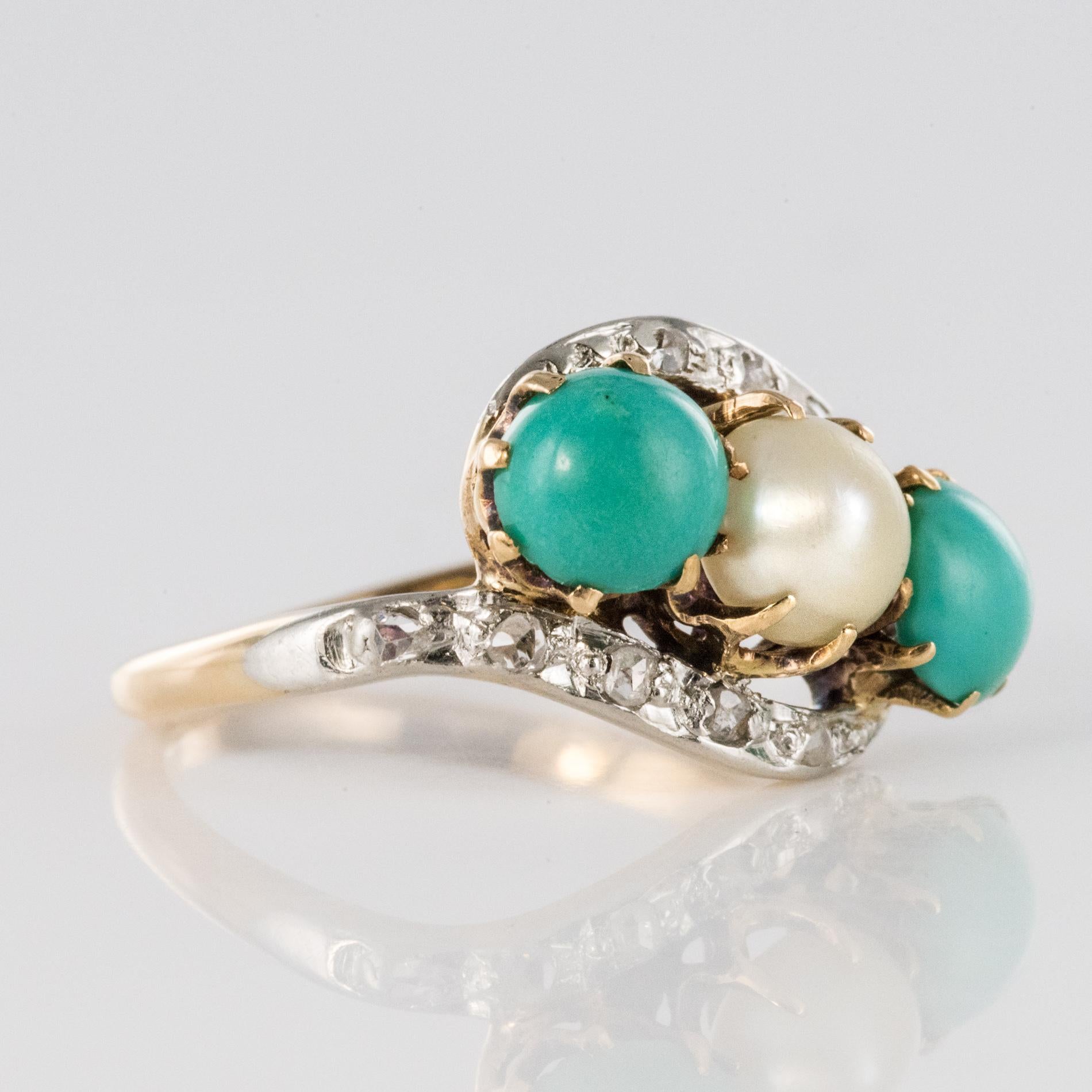 Antique French Turquoise Natural Pearl Diamond Gold Ring 1