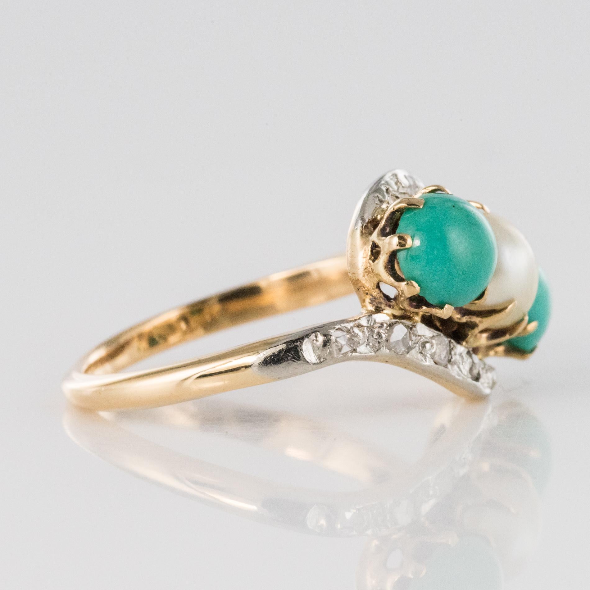 Antique French Turquoise Natural Pearl Diamond Gold Ring 3