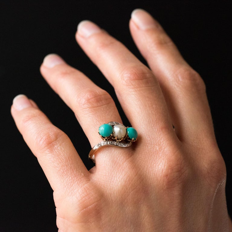 Women's Antique French Turquoise Natural Pearl Diamond Gold Ring For Sale
