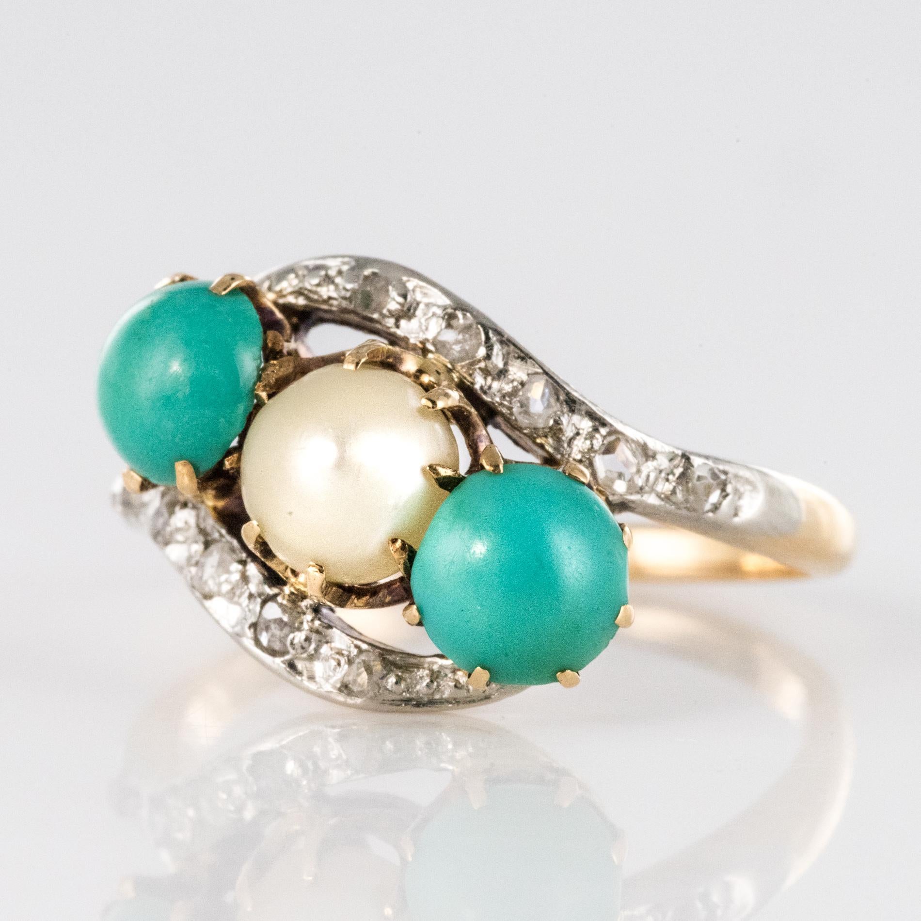 Rose Cut Antique French Turquoise Natural Pearl Diamond Gold Ring
