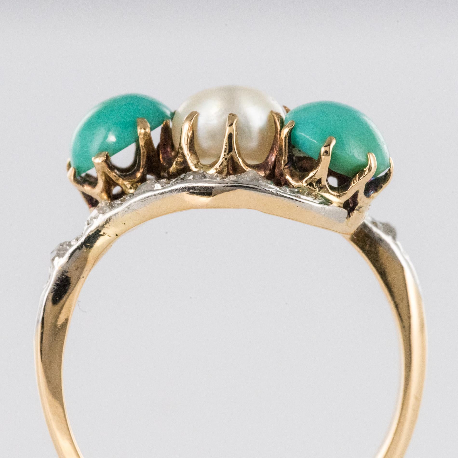 Antique French Turquoise Natural Pearl Diamond Gold Ring In Good Condition In Poitiers, FR