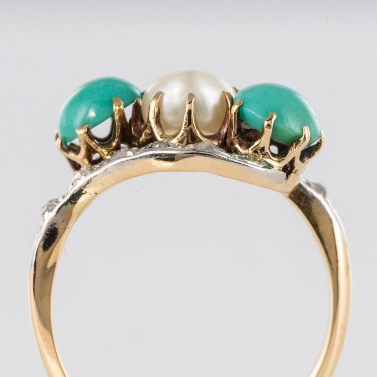Antique French Turquoise Natural Pearl Diamond Gold Ring For Sale 2