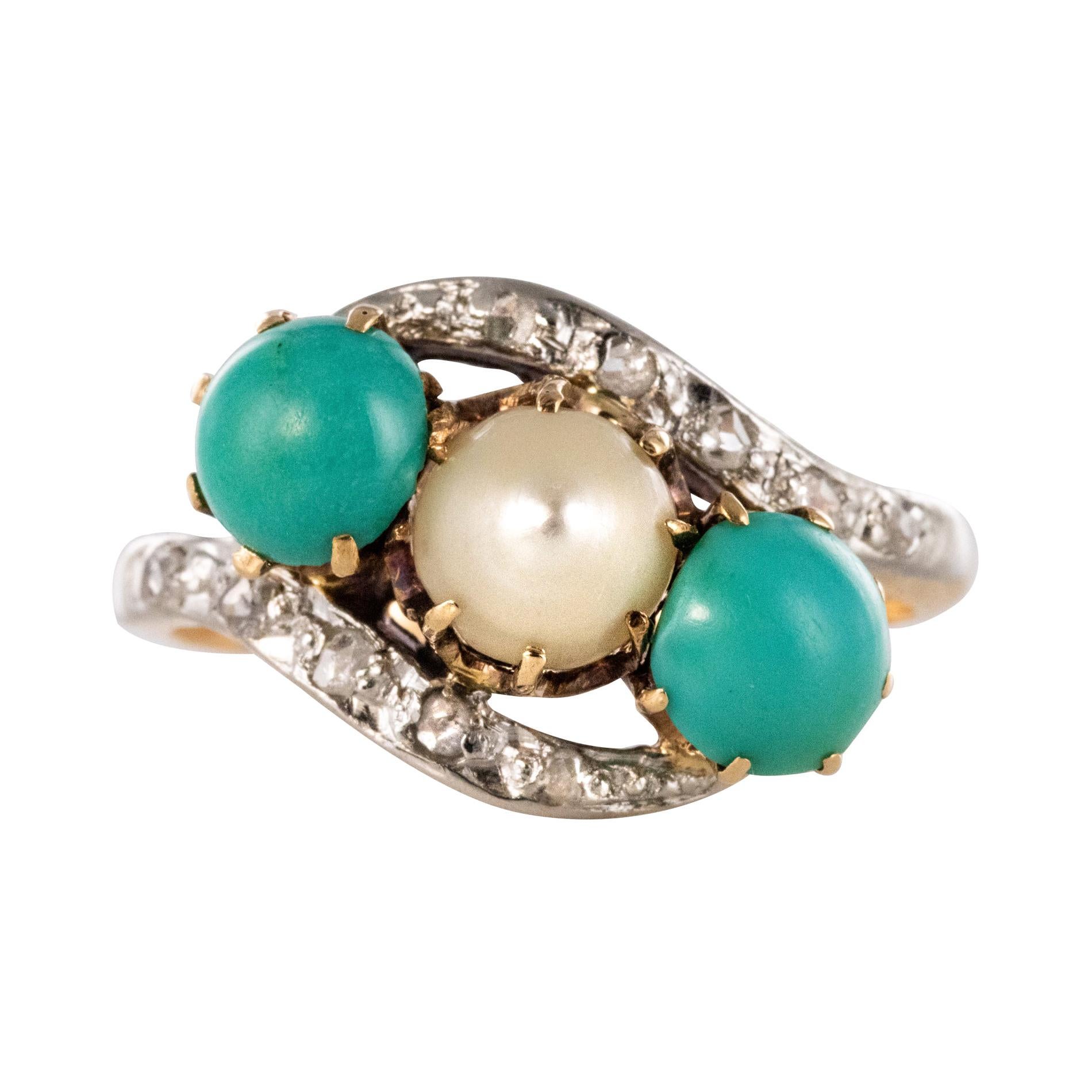 Antique French Turquoise Natural Pearl Diamond Gold Ring