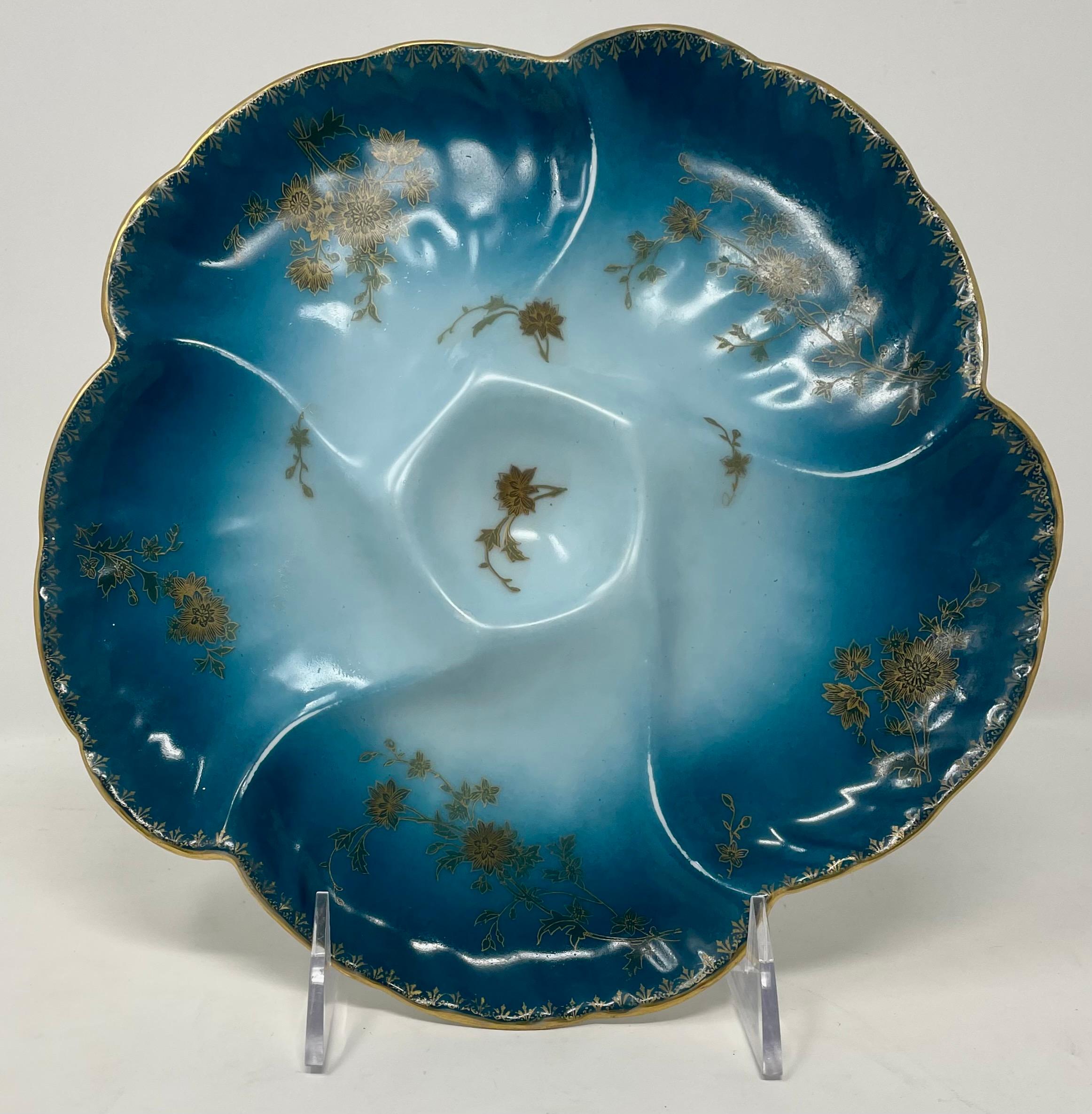 Antique French Turquoise & Peacock blue Porcelain wave pattern oyster plate signed 