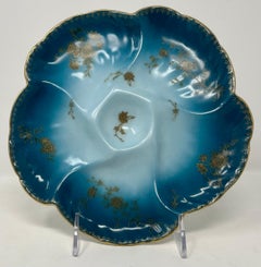 Antique French Turquoise & Peacock Blue Limoges Porcelain Oyster Plate, Ca. 1890