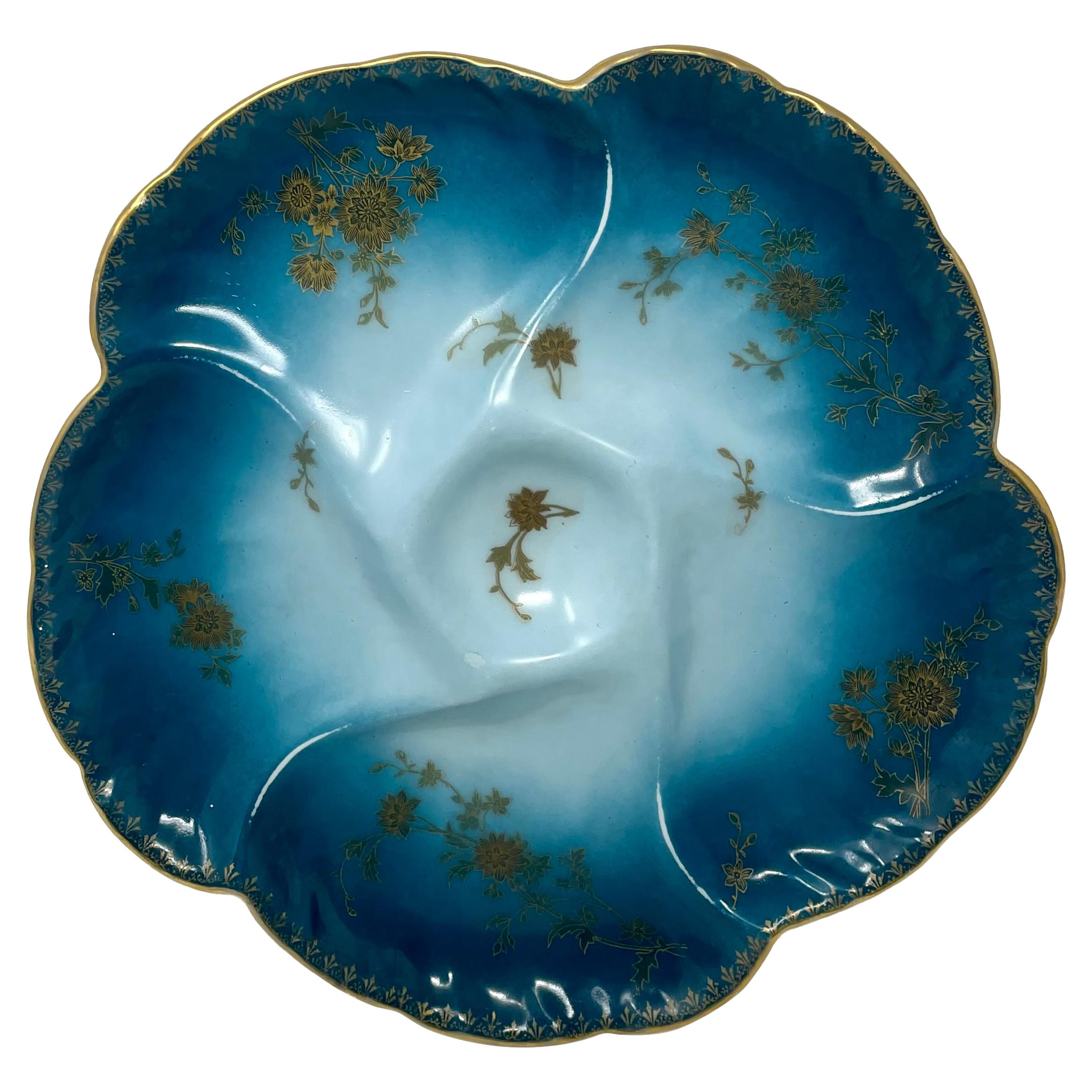 Antique French Turquoise & Peacock Blue Limoges Porcelain Oyster Plate, Ca. 1890