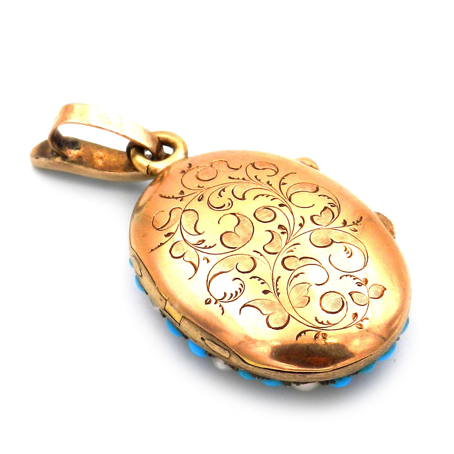 Antique French Turquoise Pearl 18K Gold Locket & Earrings Demi Parure Paris 1870 2
