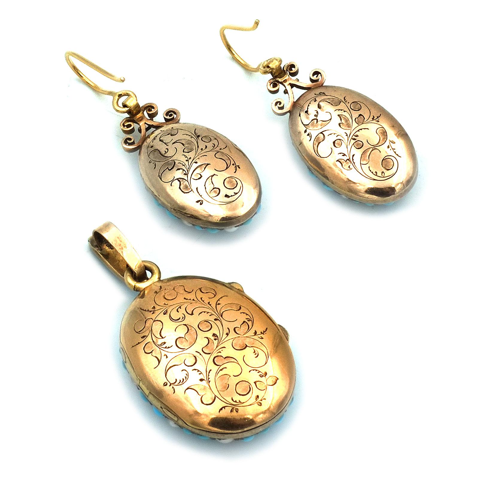 Antique French Turquoise Pearl 18K Gold Locket & Earrings Demi Parure Paris 1870 5