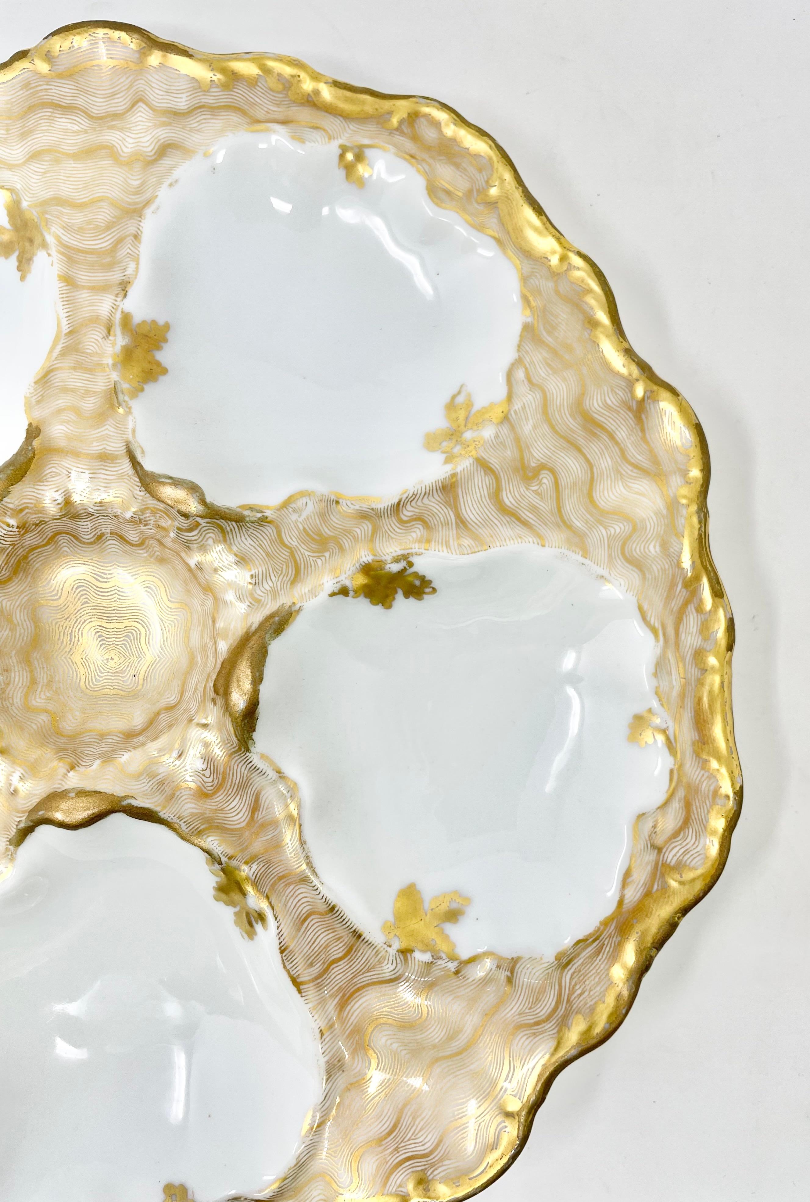 Antique French Intricately hand-painted gold & white Limoges porcelain oyster plate signed 