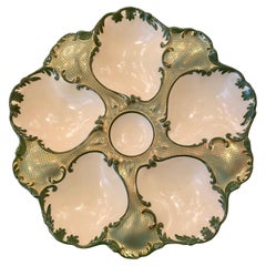 Antique French "T&v, Limoges" Porcelain Green and Gold Oyster Plate, circa 1900