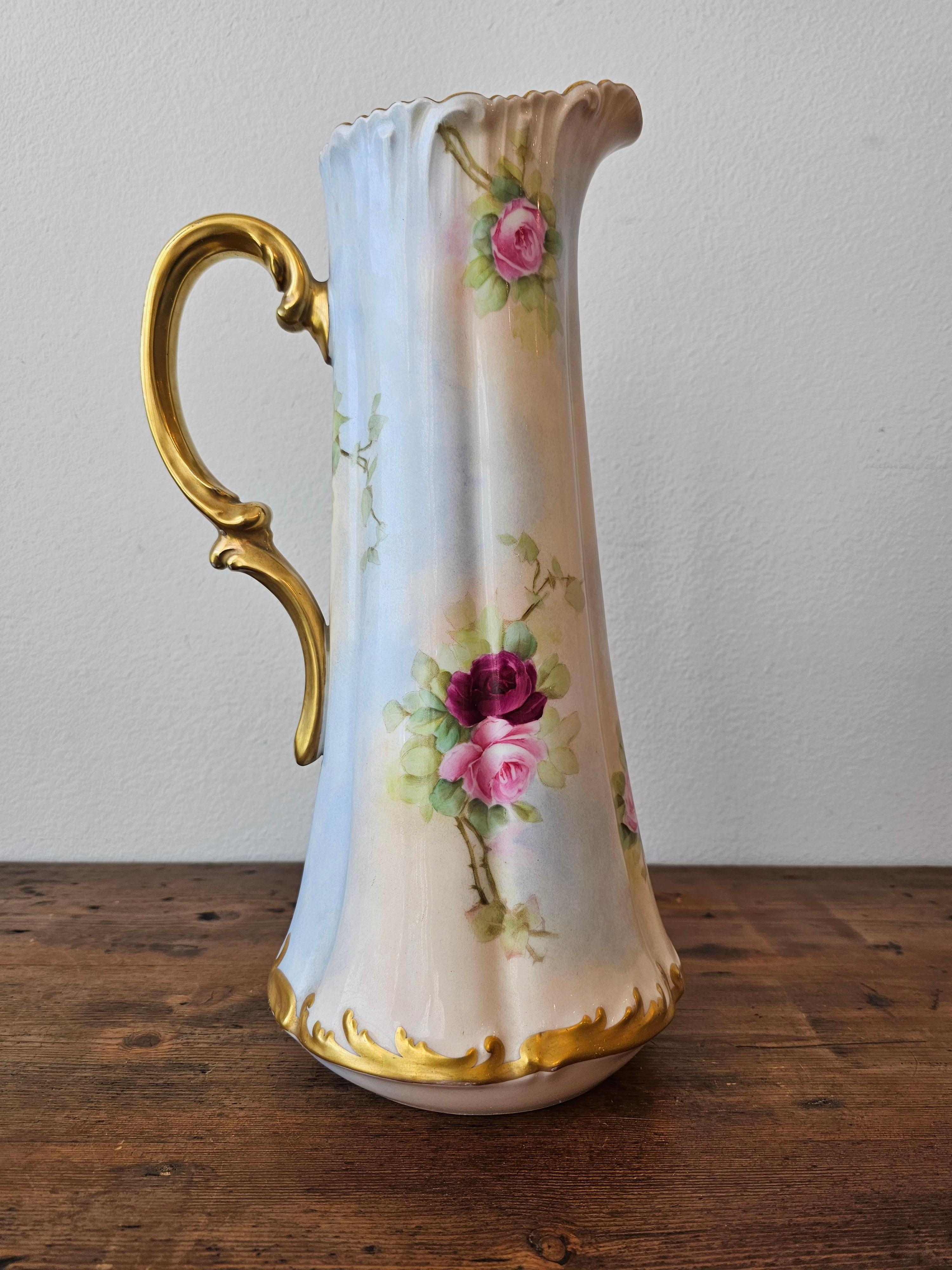Art Nouveau Antique French T&V Limoges Porcelain Painted Pitcher For Pitkin & Brooks Chicago in vendita