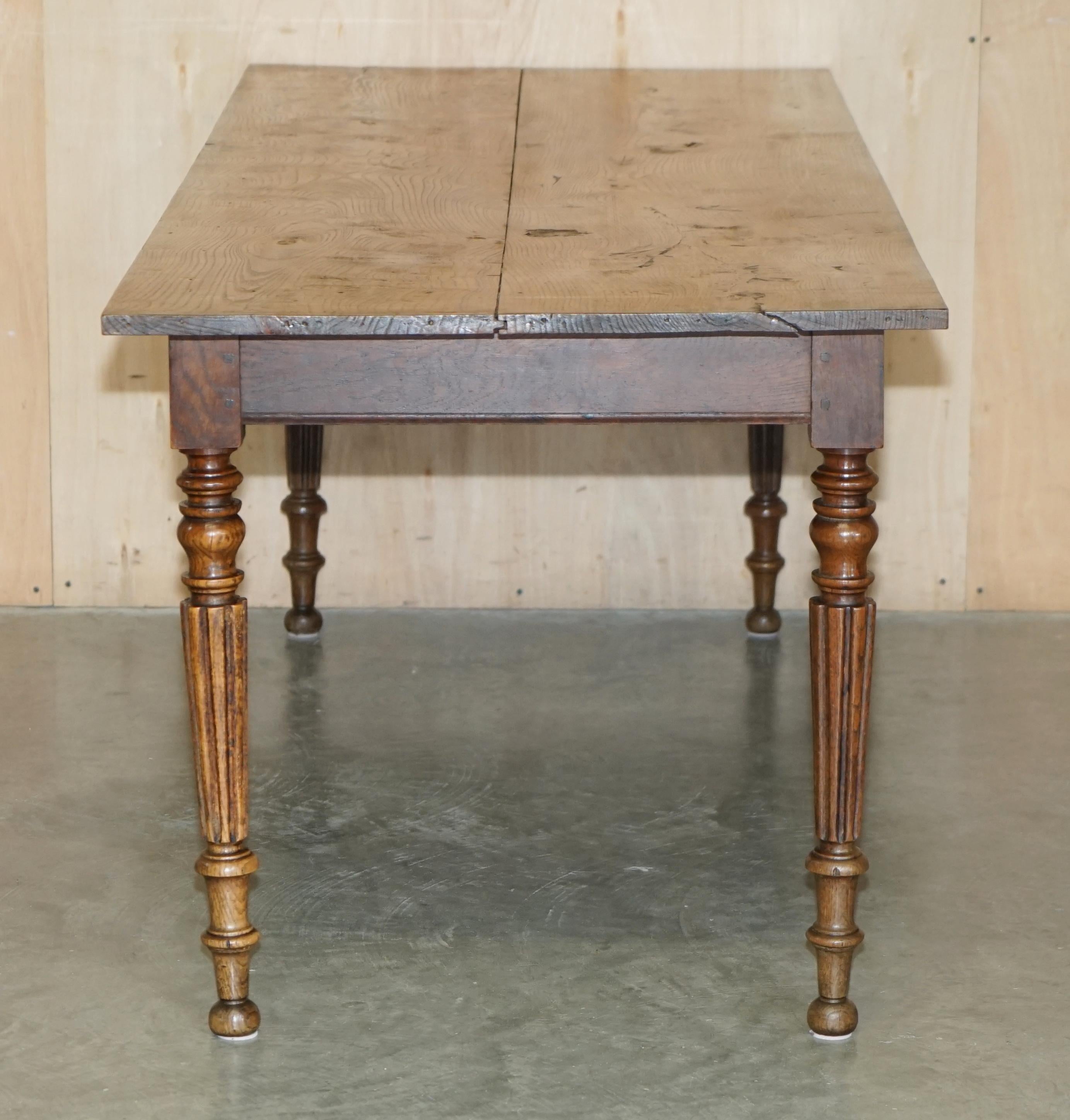 ANTIQUE FRENCH TWO PLANK TOP FARMHOUSE BURR FRUiTWOOD REFECTORY DINING TABLe For Sale 12