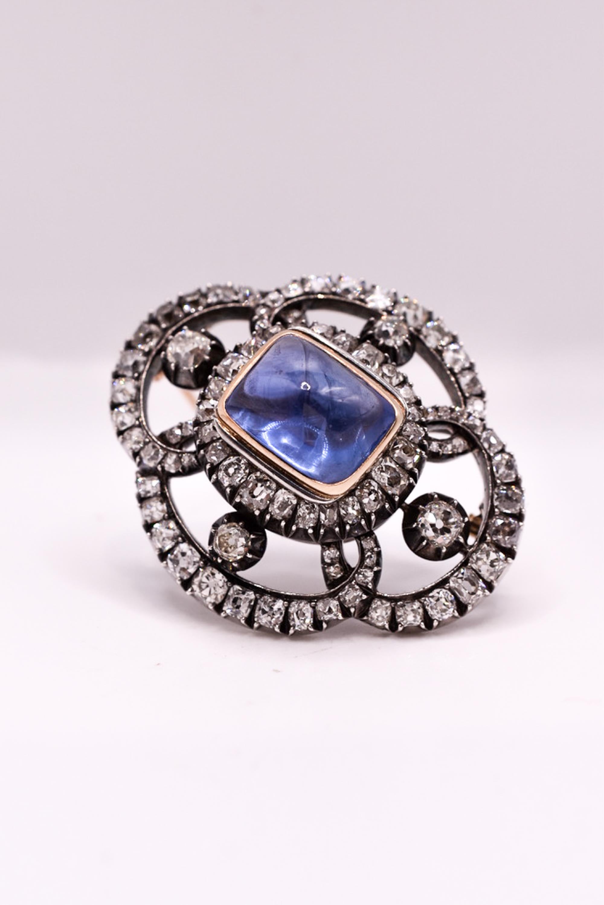Old Mine Cut Antique French Unheated Ceylon Sapphire and Diamond Brooch  For Sale