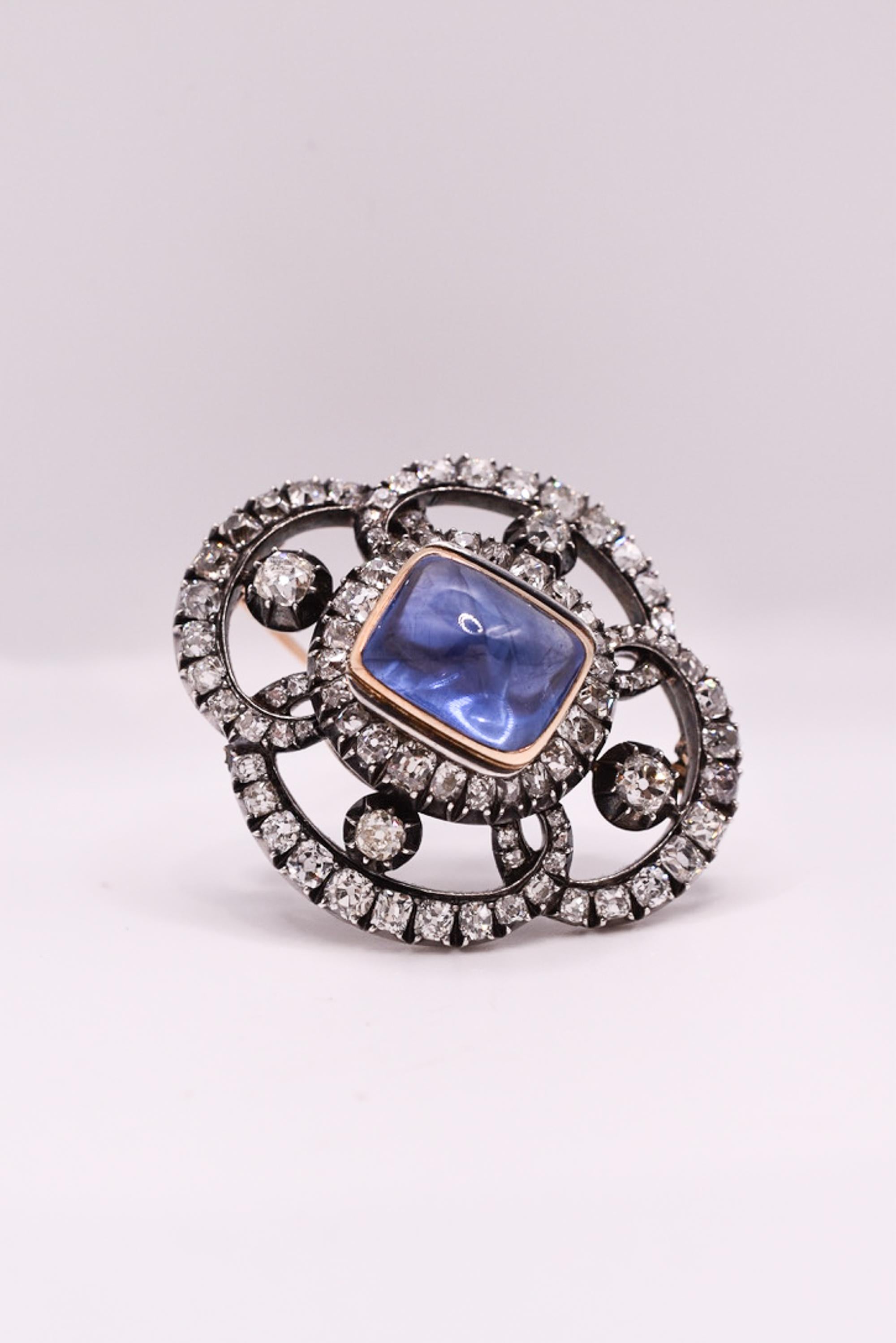 Women's or Men's Antique French Unheated Ceylon Sapphire and Diamond Brooch  For Sale