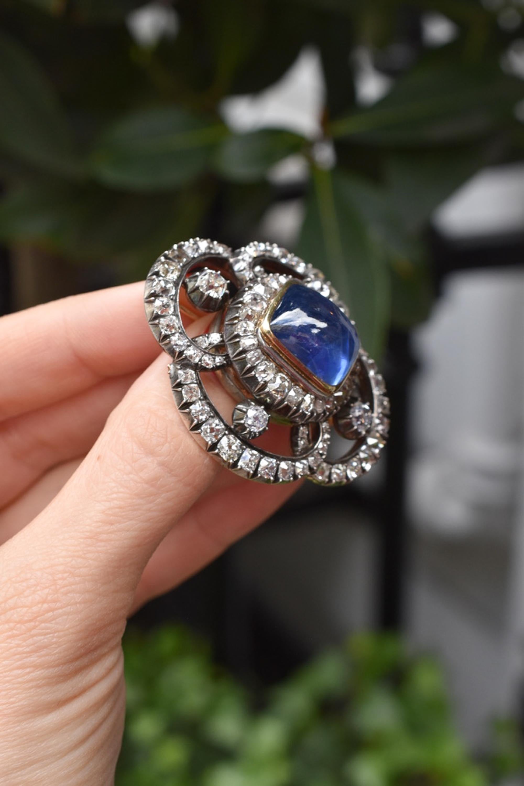 Antique French Unheated Ceylon Sapphire and Diamond Brooch  For Sale 1