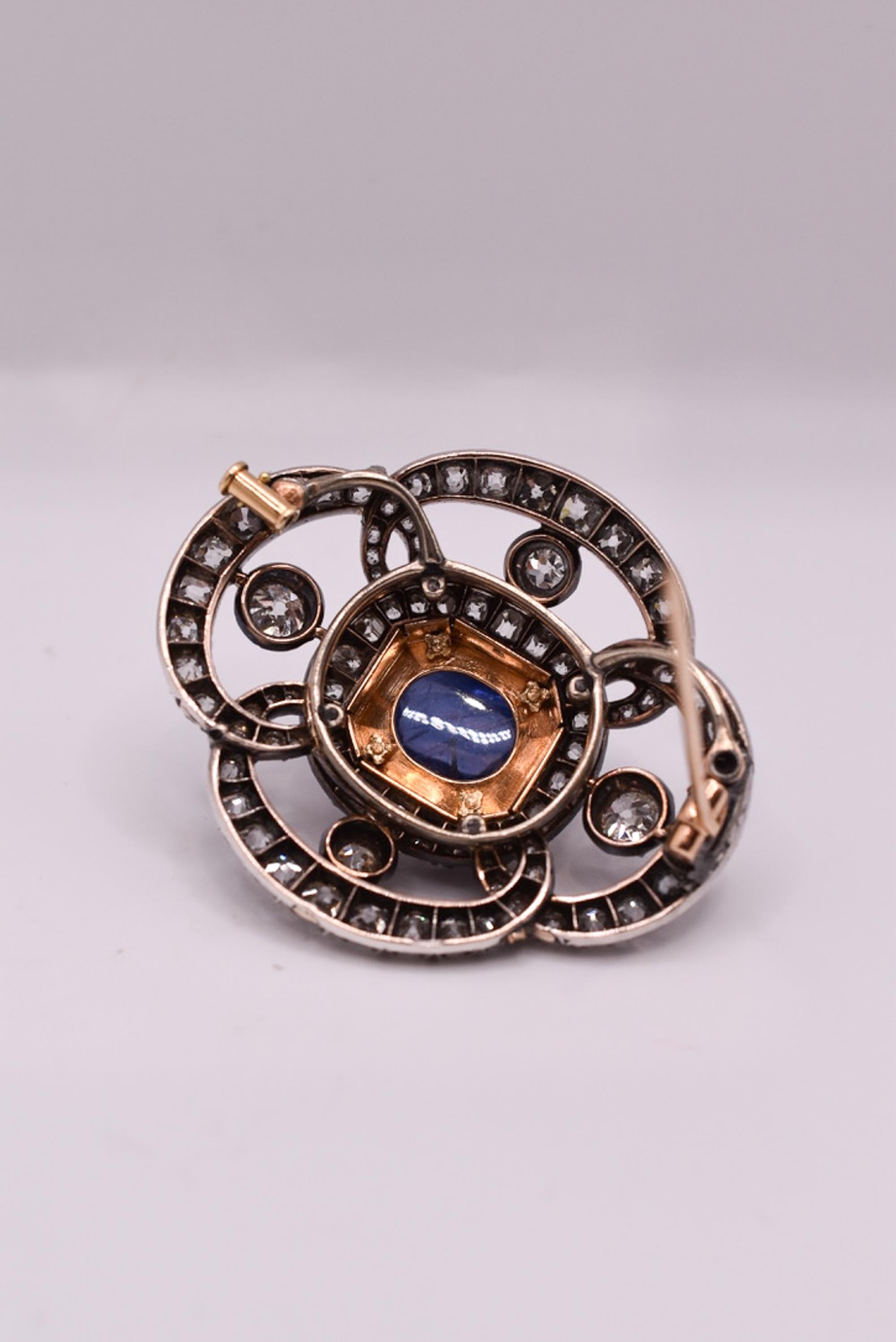 Antique French Unheated Ceylon Sapphire and Diamond Brooch  For Sale 3