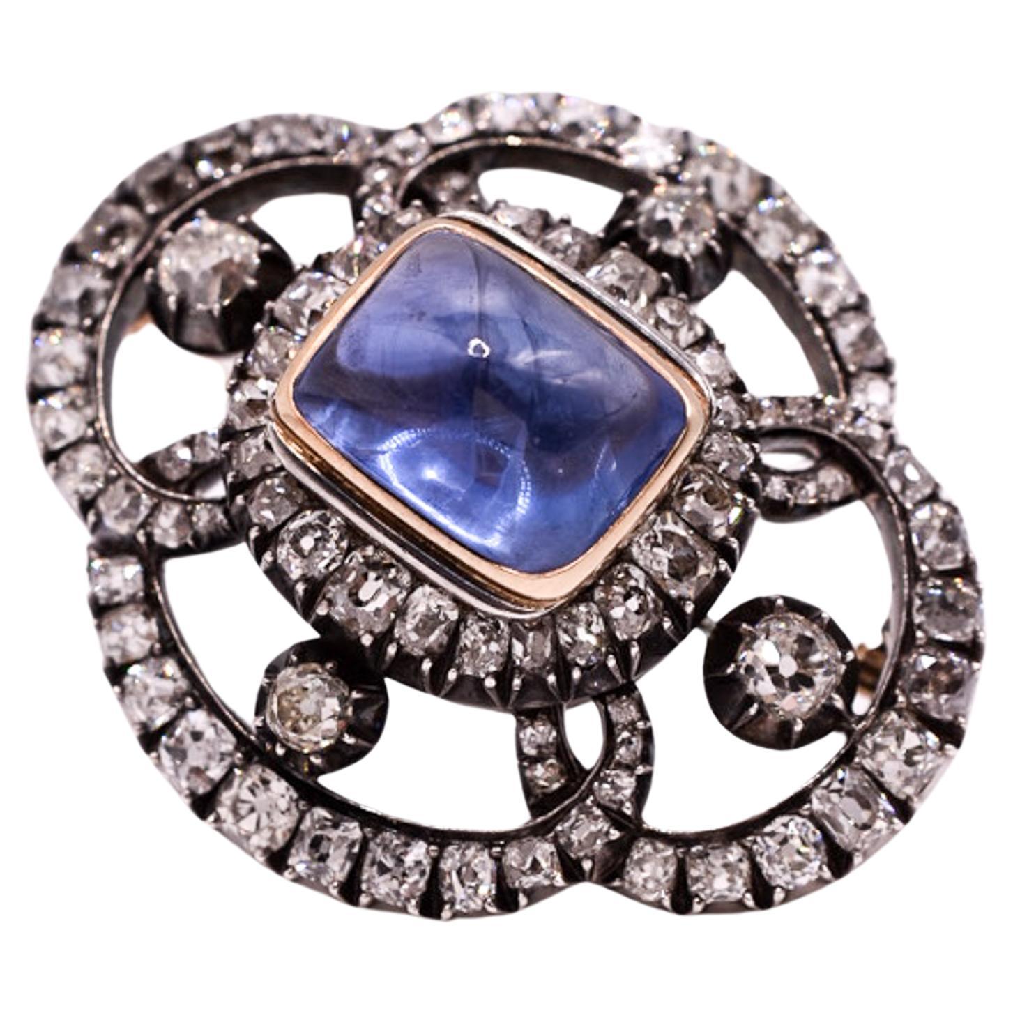 Antique French Unheated Ceylon Sapphire and Diamond Brooch 
