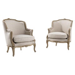 Antique French Upholstered Armchairs, a Pair