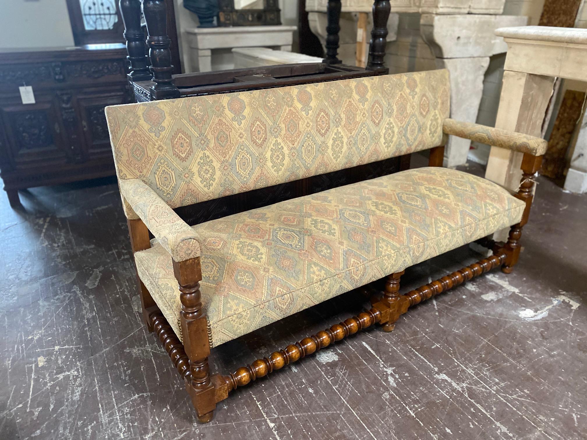 This bench originates from France circa 1890s. Upholstery in excellent condition and pastel in coloring. 

Measurements: 26