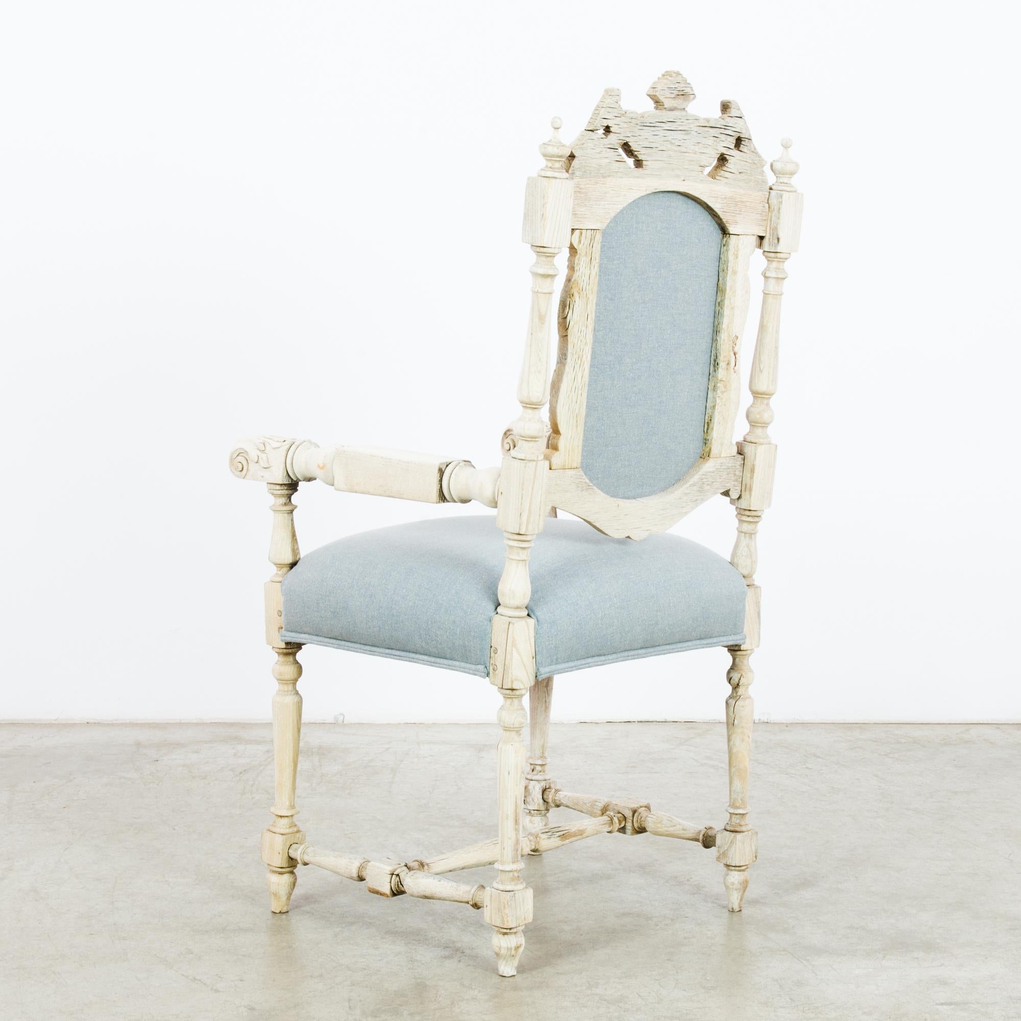 Antique French Upholstered Pale Blue Oak Armchair 4