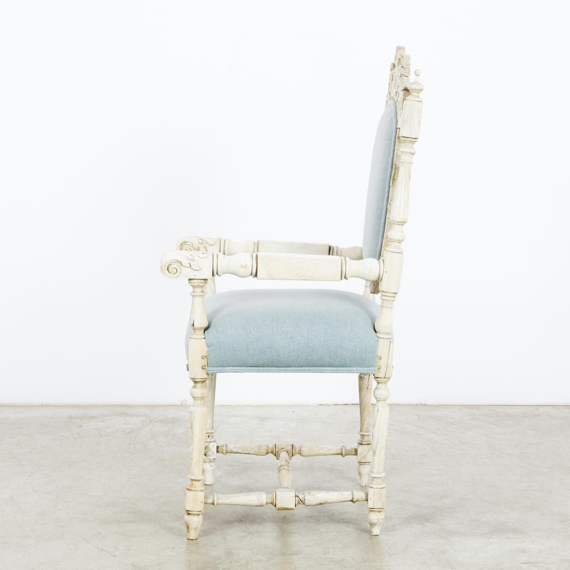 Antique French Upholstered Pale Blue Oak Armchair 5