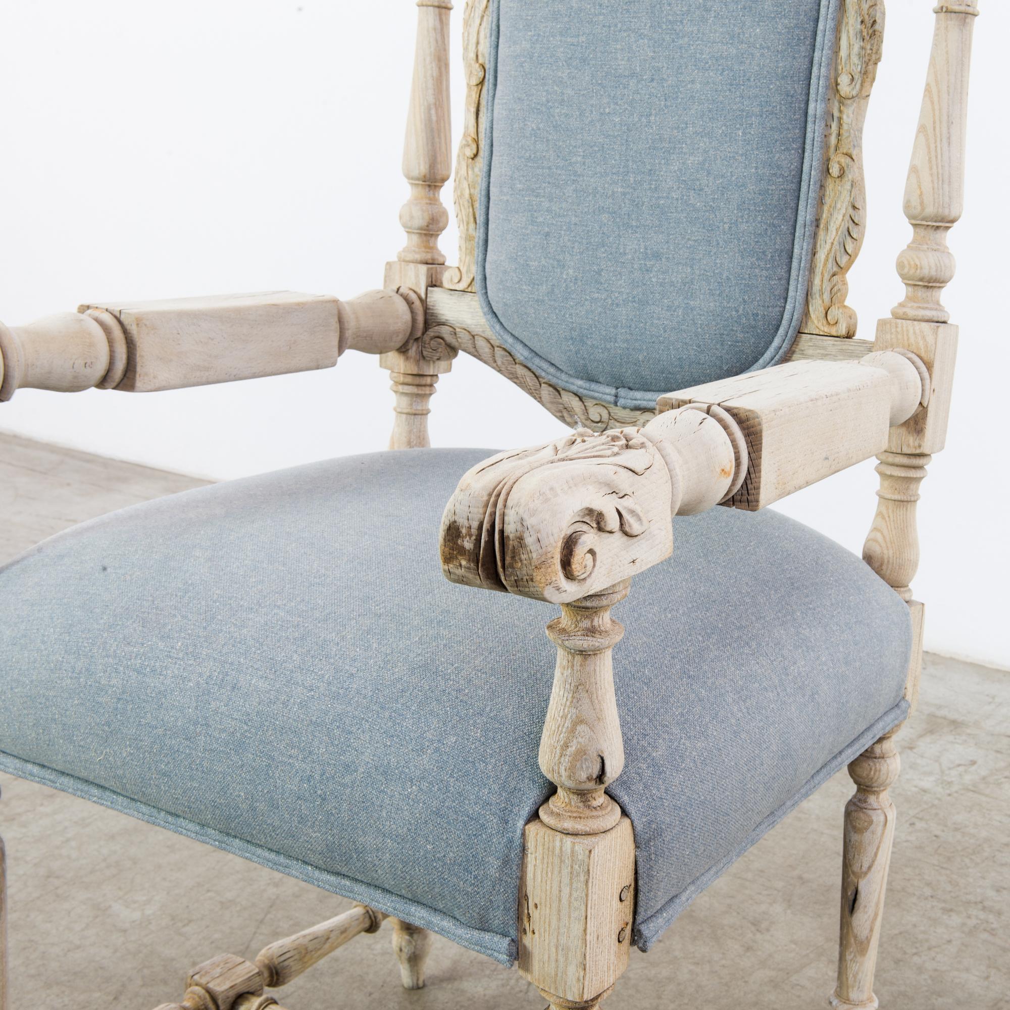 Antique French Upholstered Pale Blue Oak Armchair 7