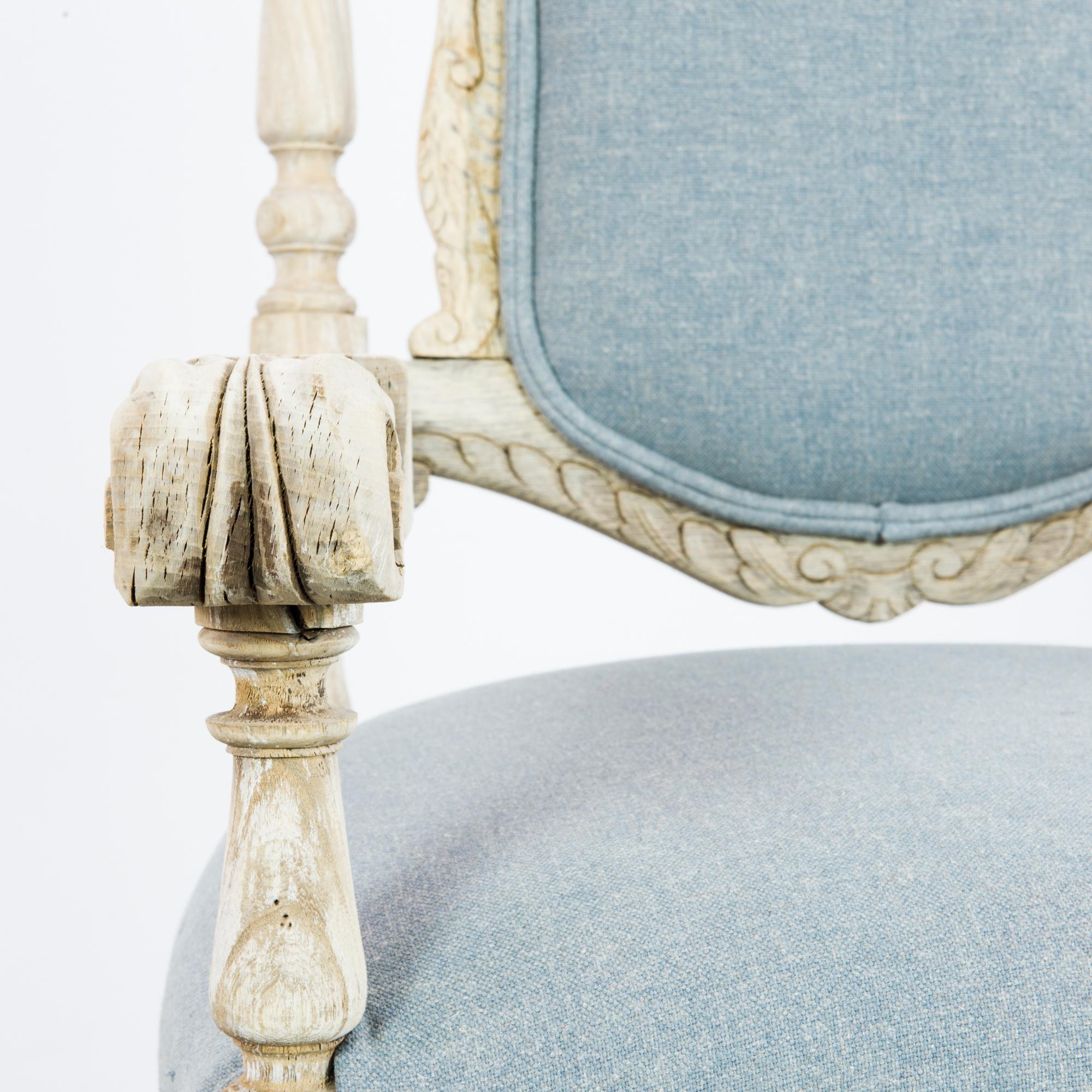 Antique French Upholstered Pale Blue Oak Armchair 8