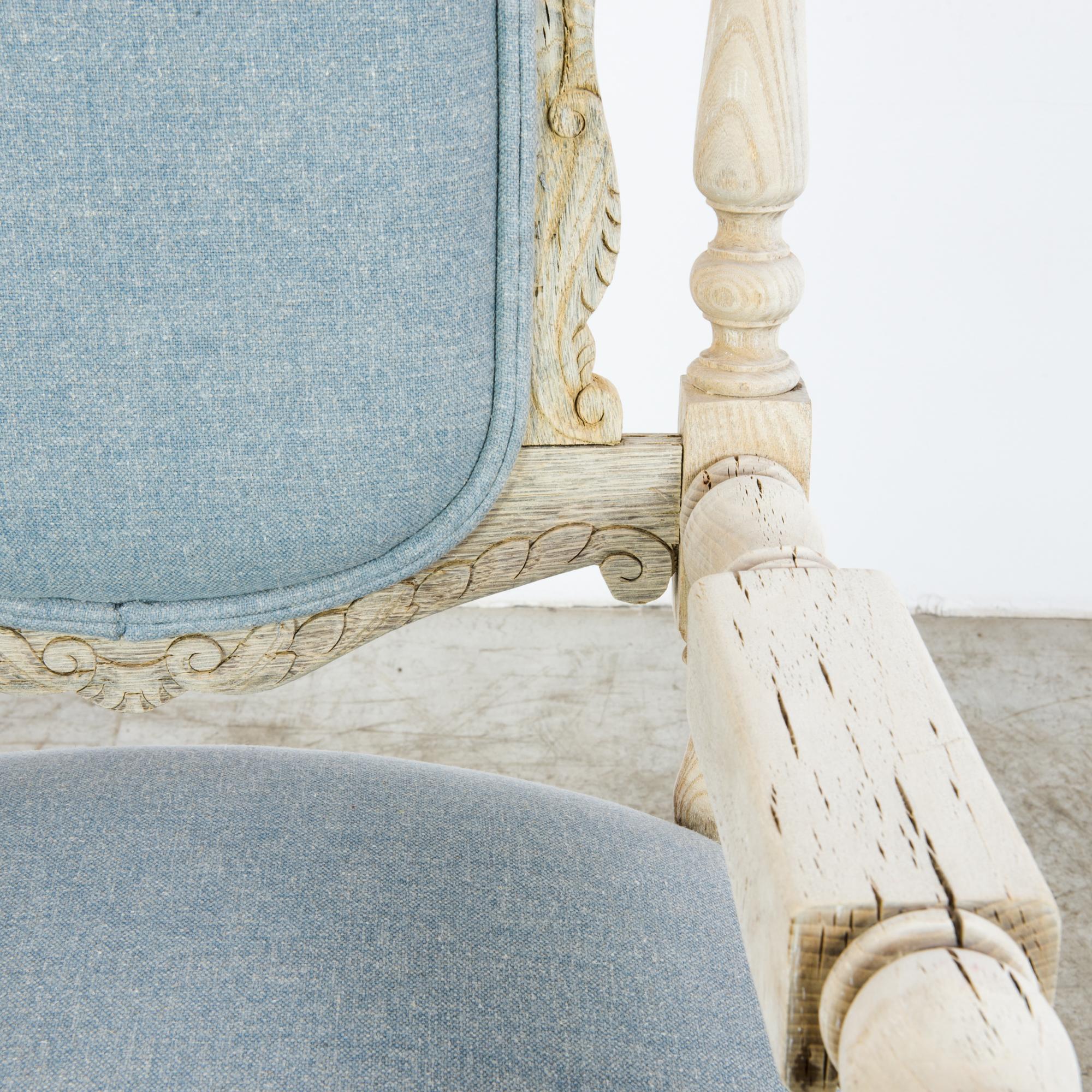 Antique French Upholstered Pale Blue Oak Armchair In Good Condition In High Point, NC