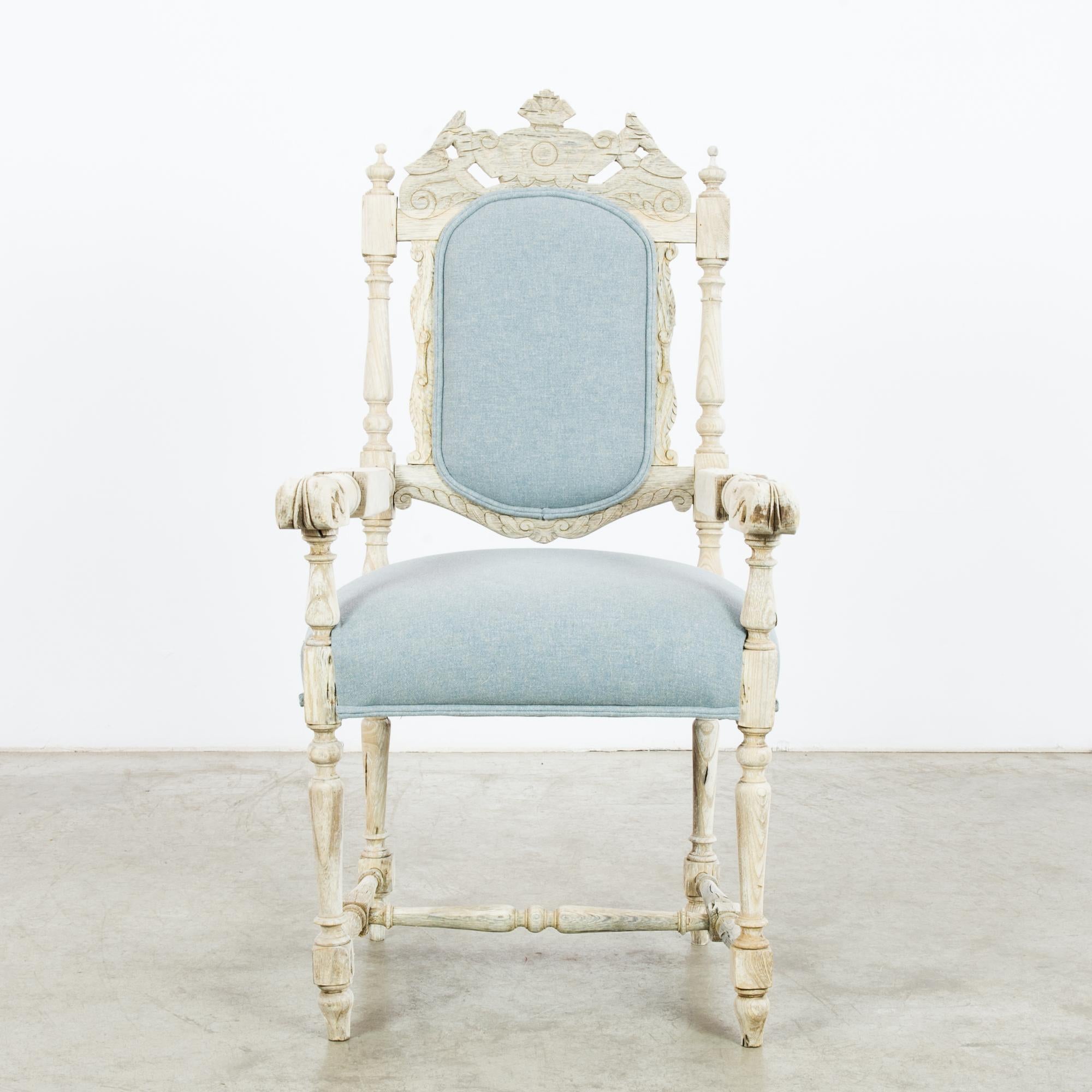 Early 20th Century Antique French Upholstered Pale Blue Oak Armchair