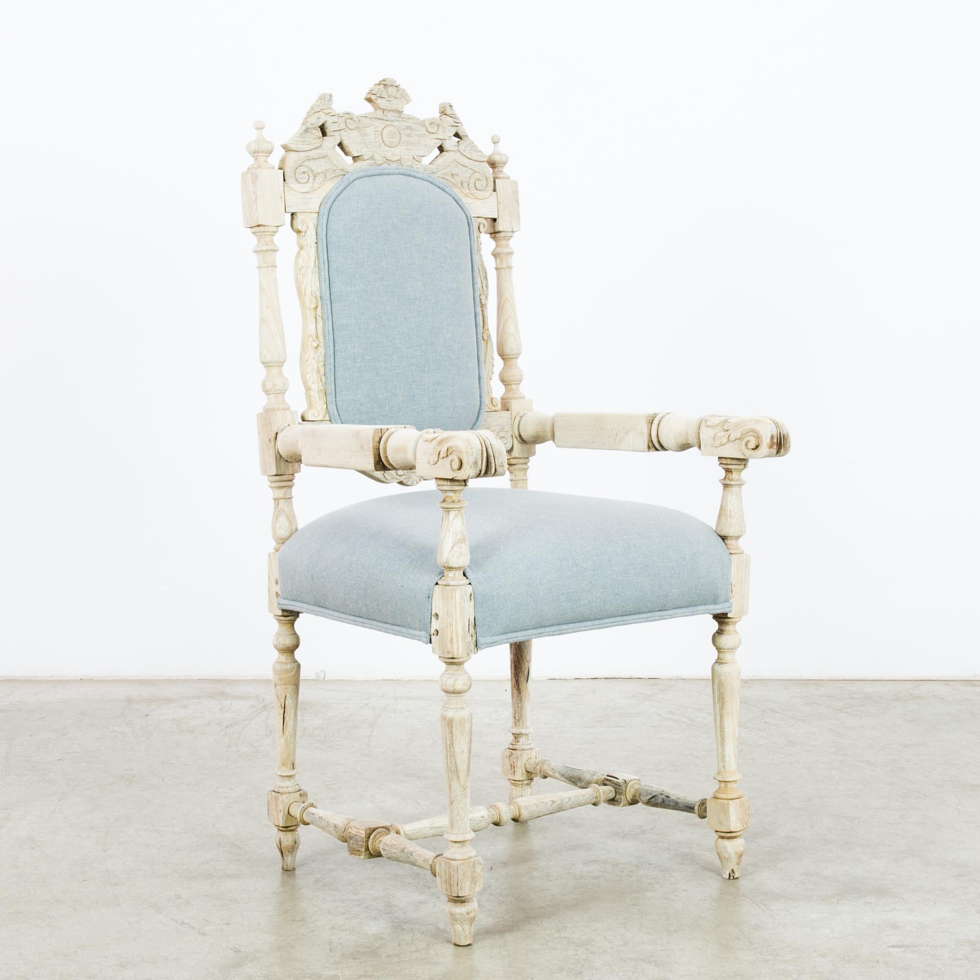 Fabric Antique French Upholstered Pale Blue Oak Armchair