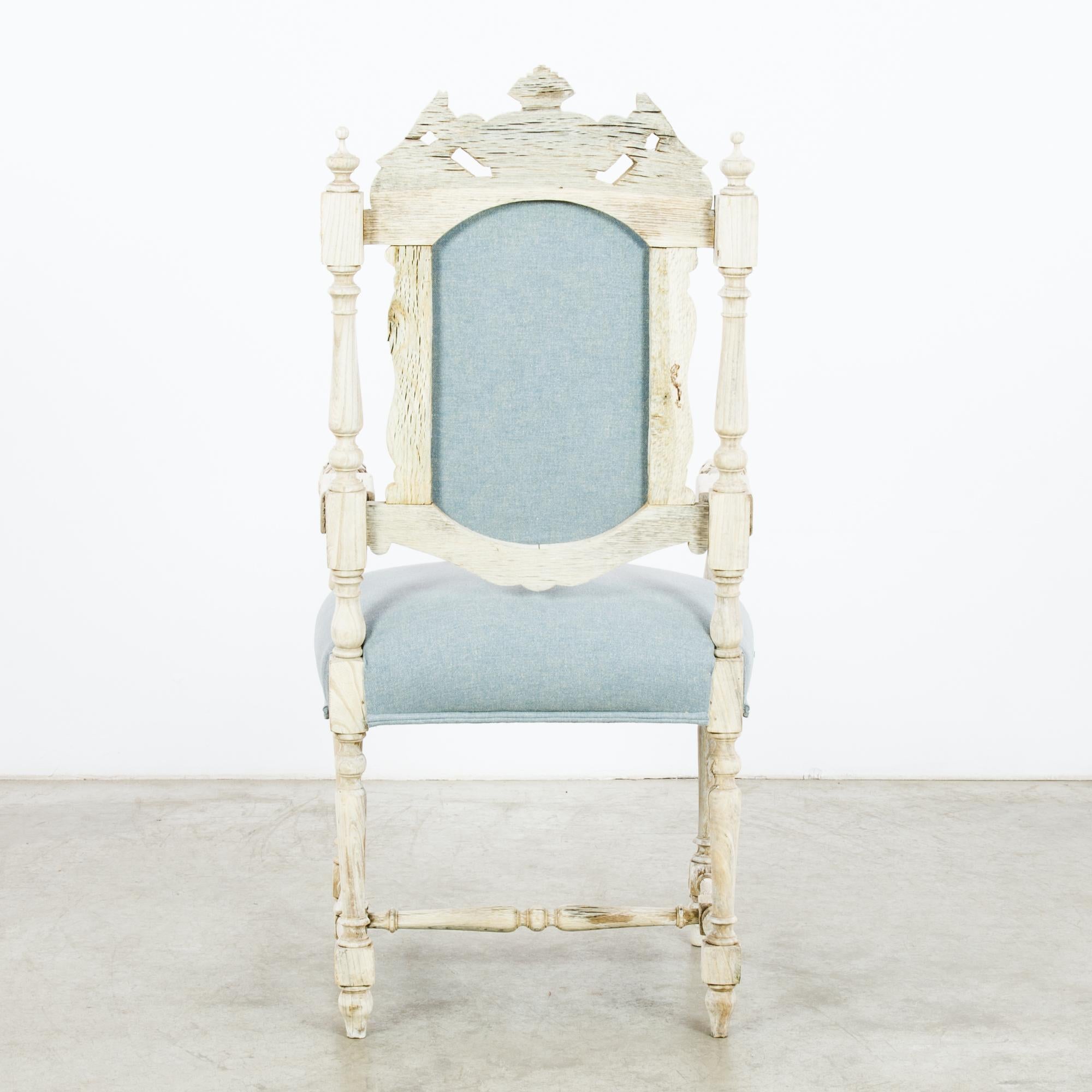 Antique French Upholstered Pale Blue Oak Armchair 3